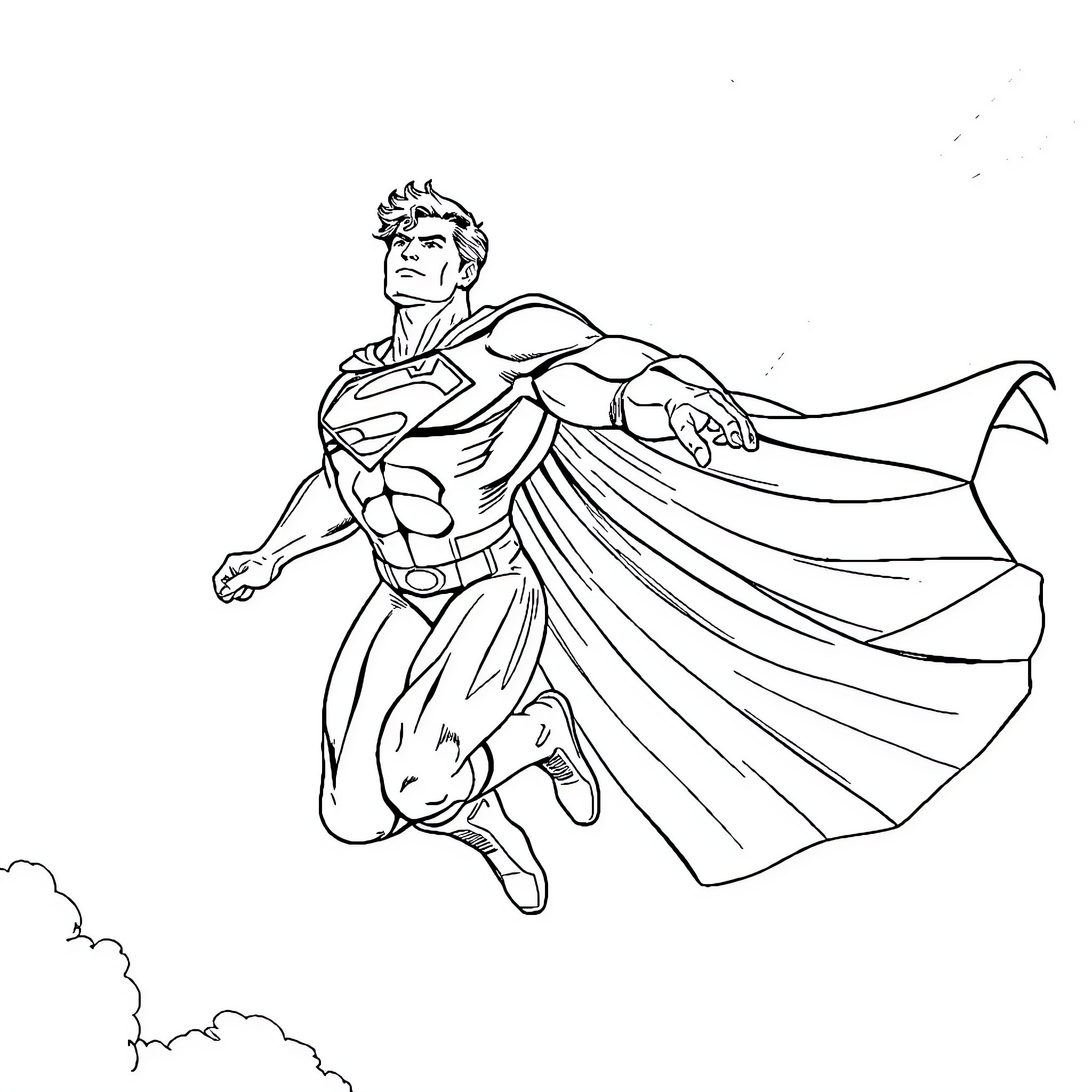 Superman soaring through the sky in action Coloring Page (free black-and-white line drawing printable PDF for all, from beginners to advanced learners, including children, teens, adults, and seniors)