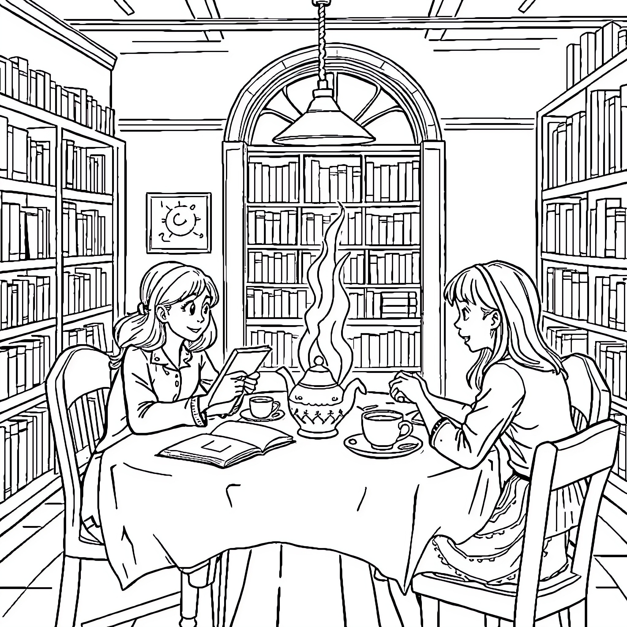 Tea Party in the Library Coloring Page (free black-and-white line drawing printable PDF for all, from beginners to advanced learners, including children, teens, adults, and seniors)
