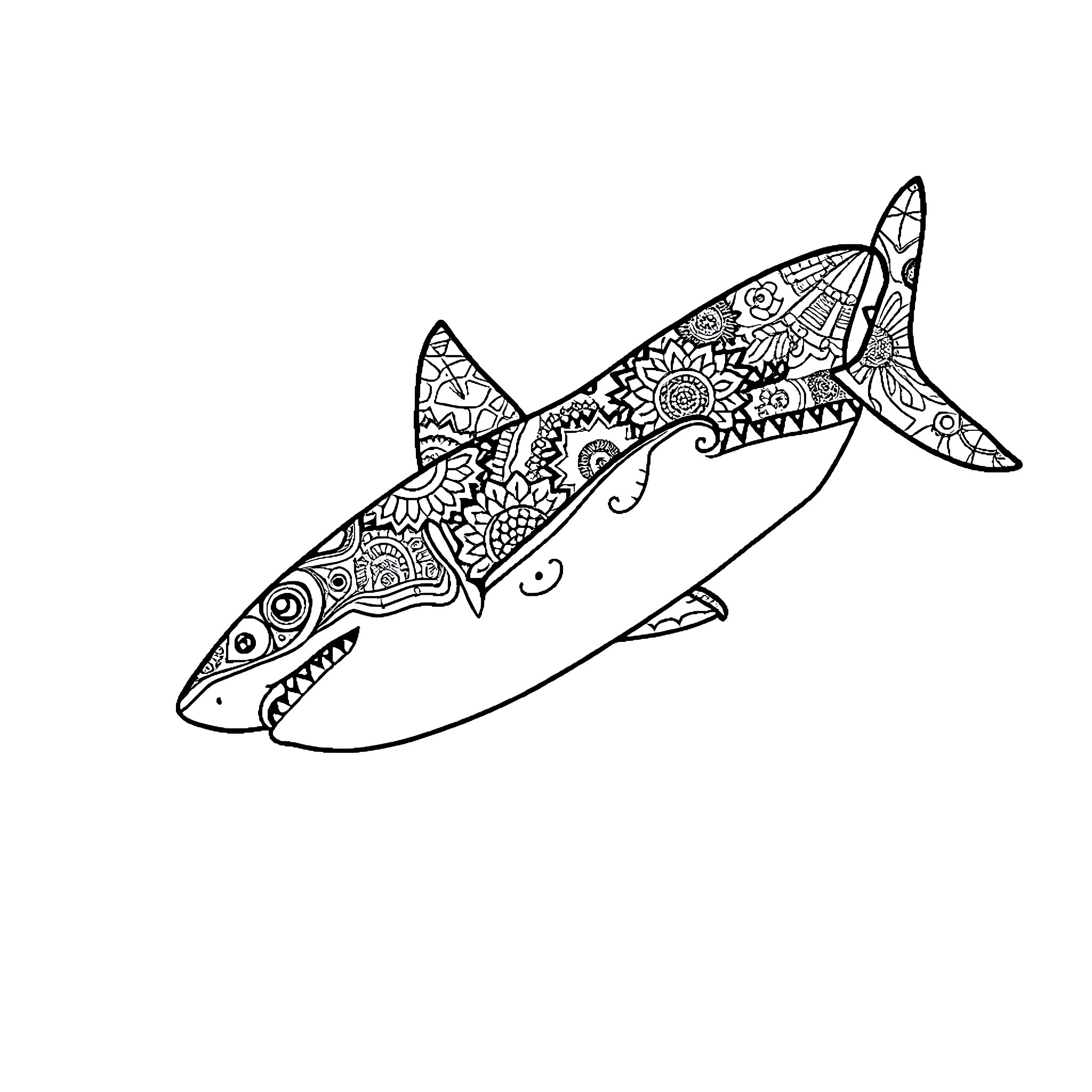 Shark with intricate patterns and designs Coloring Page (free black-and-white line drawing printable PDF for all, from beginners to advanced learners, including children, teens, adults, and seniors)