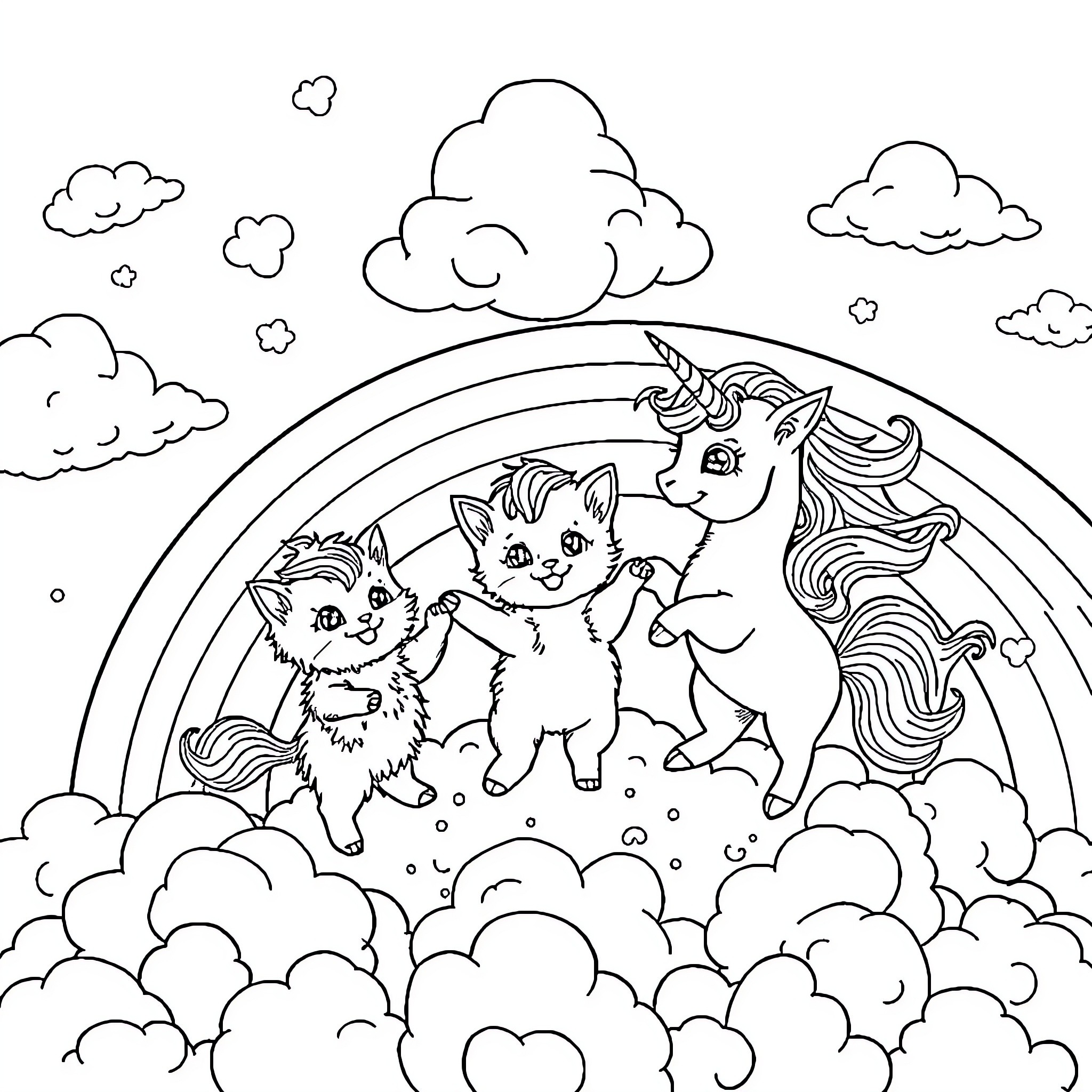 Kitten unicorn and kittens enjoying a magical rainbow Coloring Page (free black-and-white line drawing printable PDF for all, from beginners to advanced learners, including children, teens, adults, and seniors)
