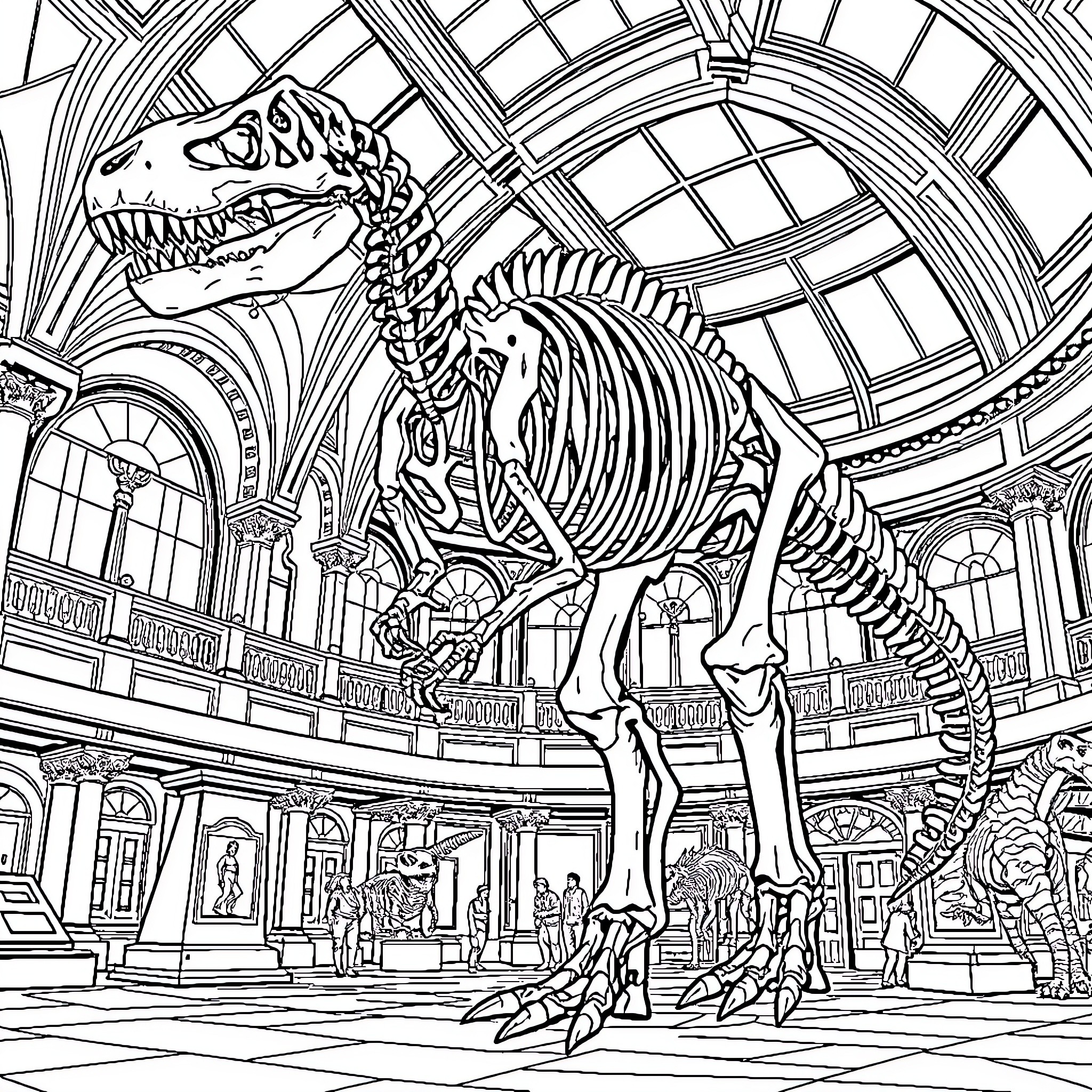 Dinosaur skeleton in museum exhibit Coloring Page (free black-and-white line drawing printable PDF for all, from beginners to advanced learners, including children, teens, adults, and seniors)