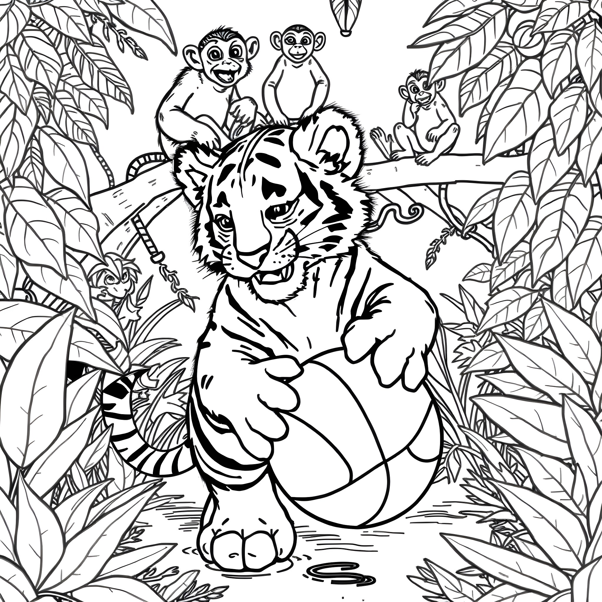 Tiger and Playful Monkeys in Lush Jungle Coloring Page (free black-and-white line drawing printable PDF for all, from beginners to advanced learners, including children, teens, adults, and seniors)