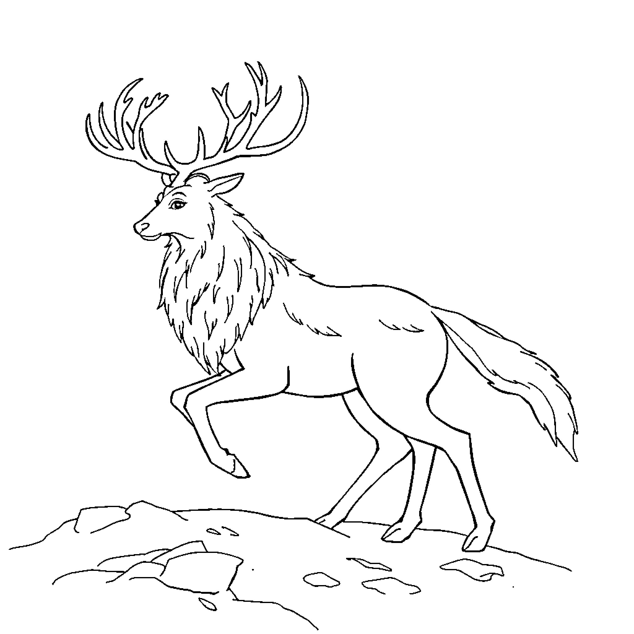 Snow Queen's Majestic Deer in the Wilderness Coloring Page (free black-and-white line drawing printable PDF for all, from beginners to advanced learners, including children, teens, adults, and seniors)