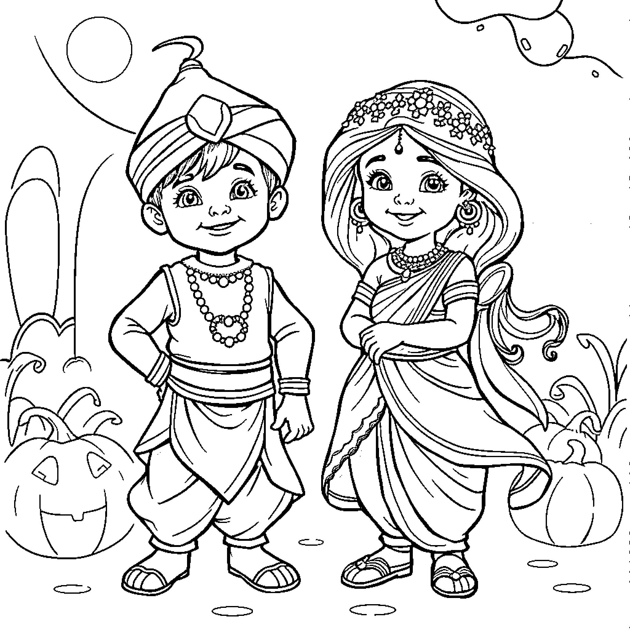 Aladdin and Jasmine in traditional outfits Coloring Page (free black-and-white line drawing printable PDF for all, from beginners to advanced learners, including children, teens, adults, and seniors)