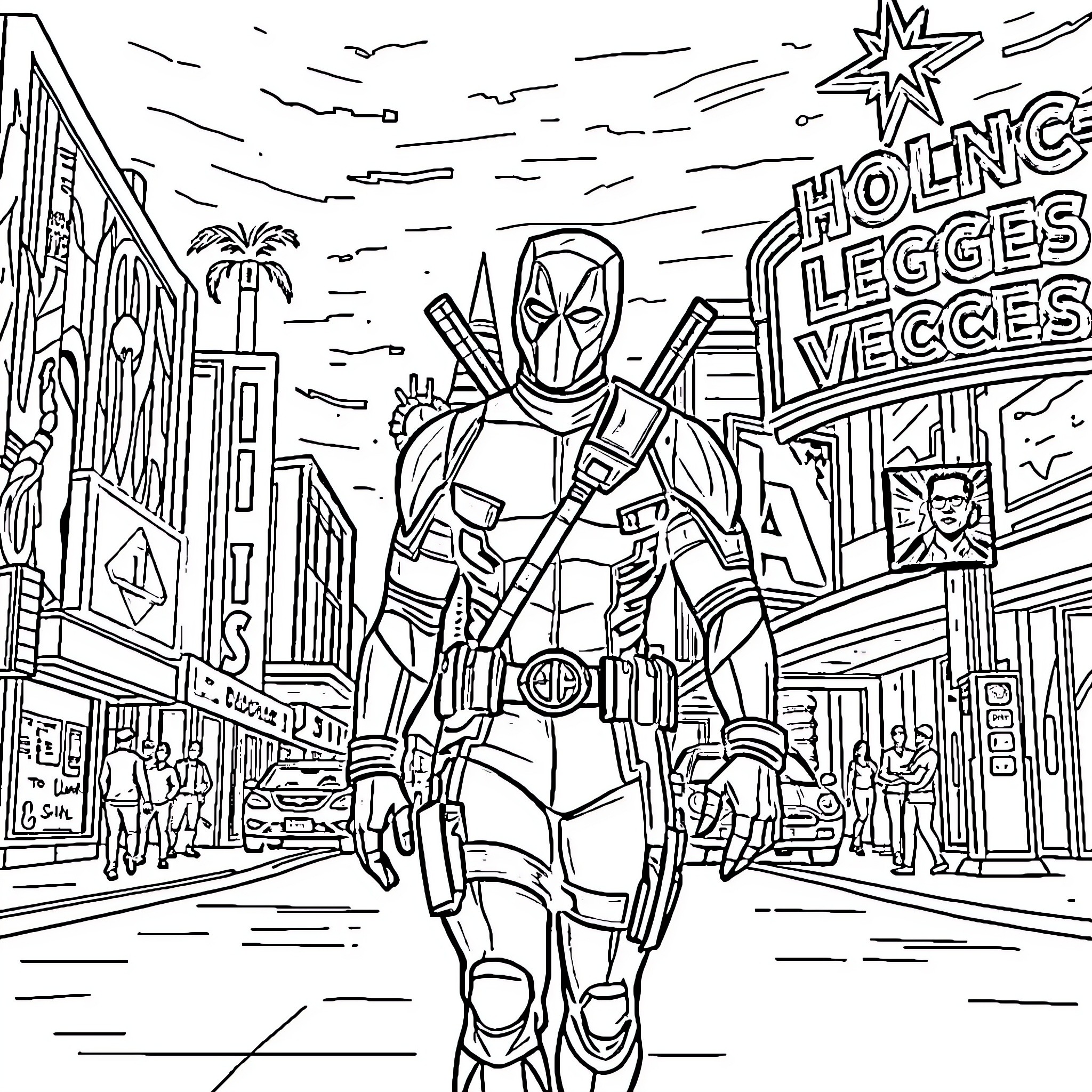 Deadpool's Vibrant Adventures in the City Coloring Page (free black-and-white line drawing printable PDF for all, from beginners to advanced learners, including children, teens, adults, and seniors)