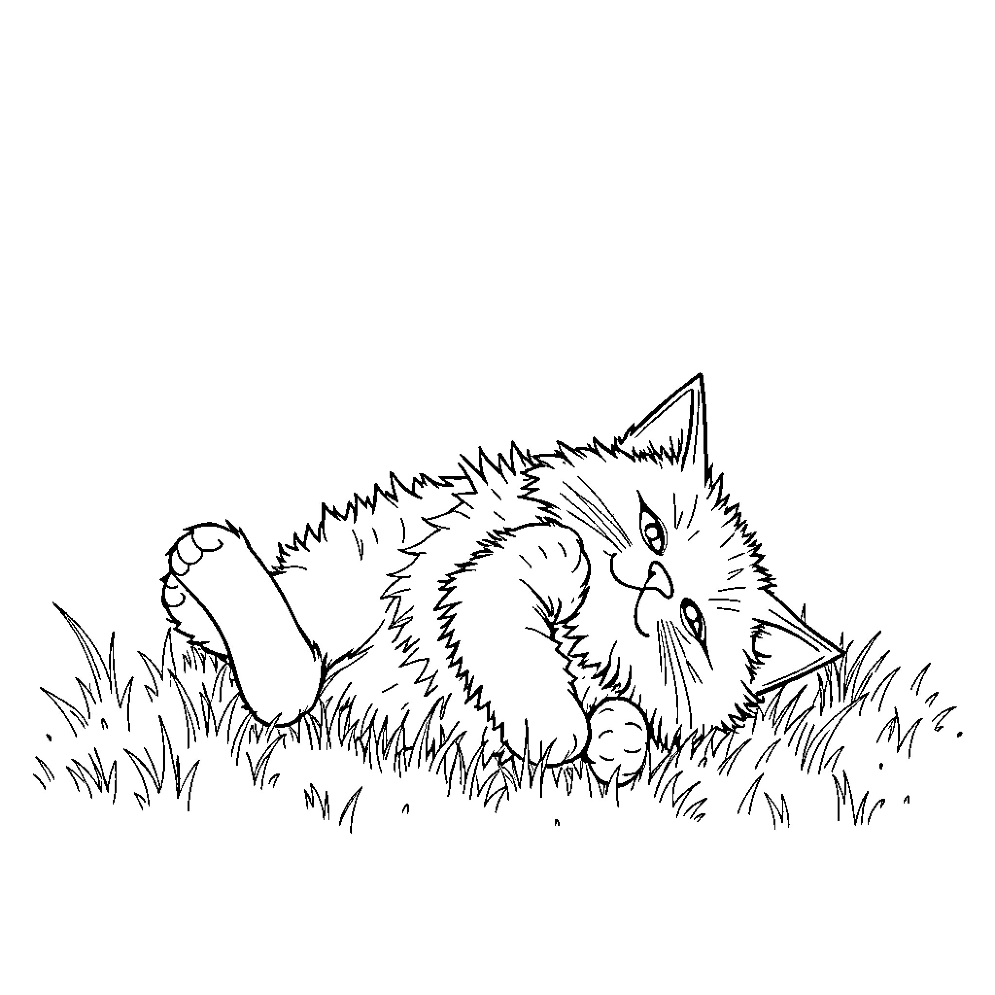 Cat resting peacefully in the grass Coloring Page (free black-and-white line drawing printable PDF for all, from beginners to advanced learners, including children, teens, adults, and seniors)