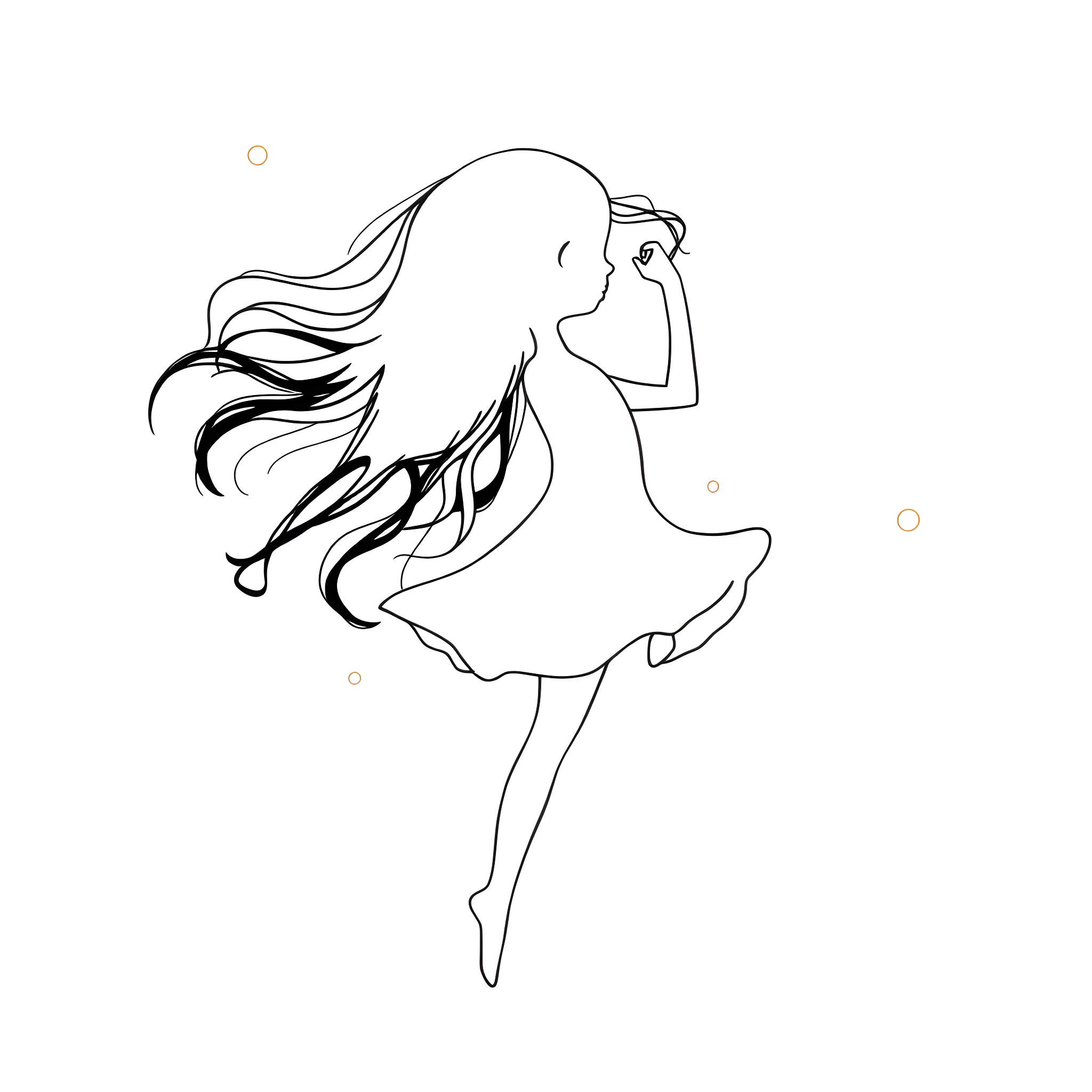 Girl dancing gracefully in the wind Coloring Page (free black-and-white line drawing printable PDF for all, from beginners to advanced learners, including children, teens, adults, and seniors)