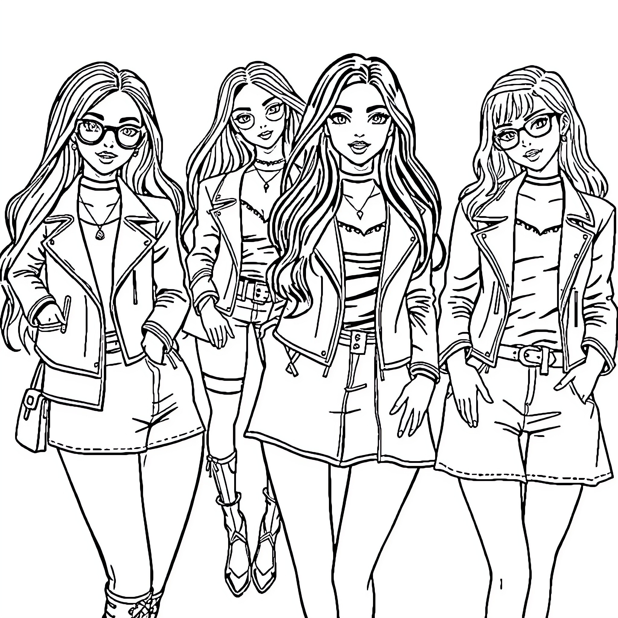 Girl friends in trendy outfits and poses Coloring Page (free black-and-white line drawing printable PDF for all, from beginners to advanced learners, including children, teens, adults, and seniors)