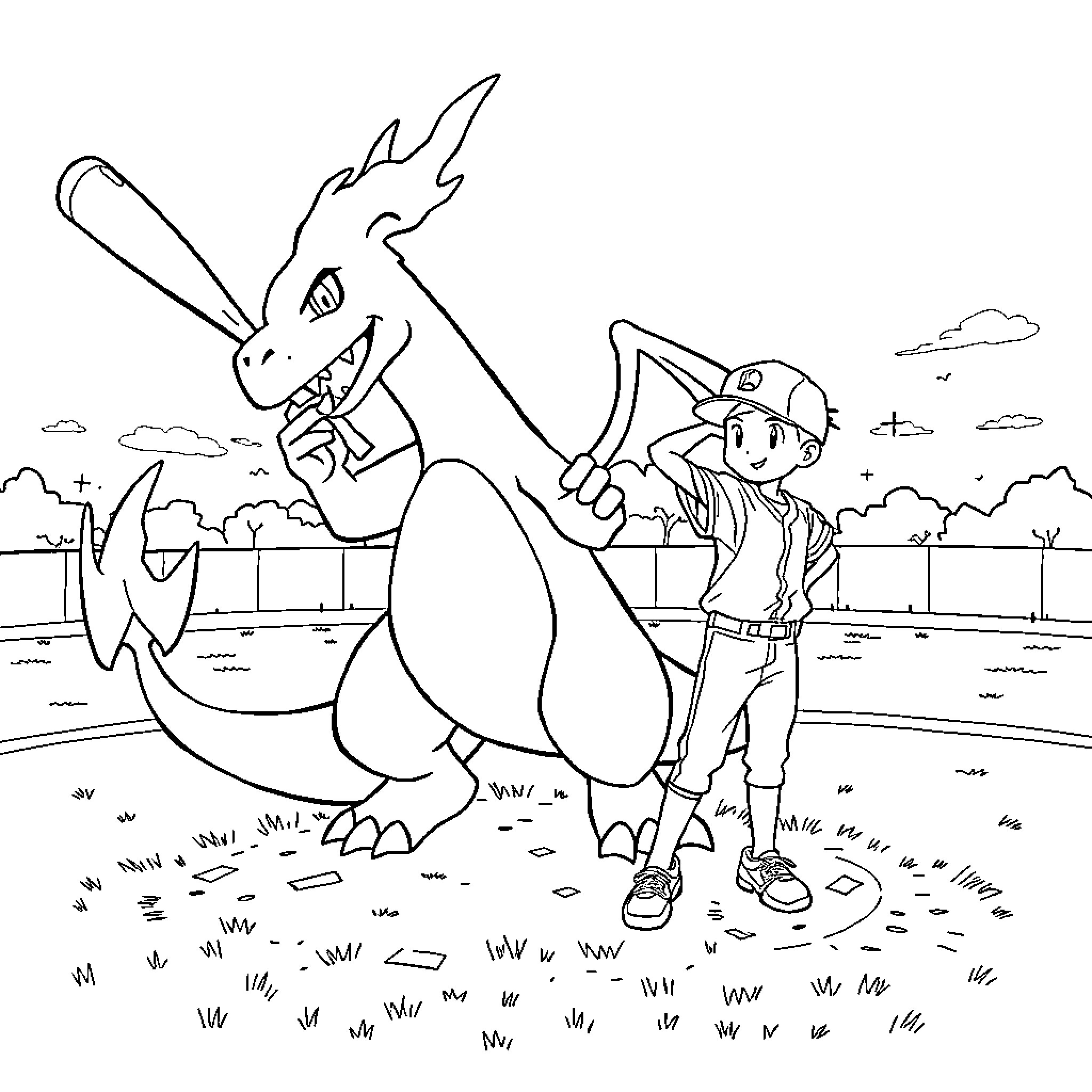 Charizard and Trainer Exploring the Outdoors Coloring Page (free black-and-white line drawing printable PDF for all, from beginners to advanced learners, including children, teens, adults, and seniors)