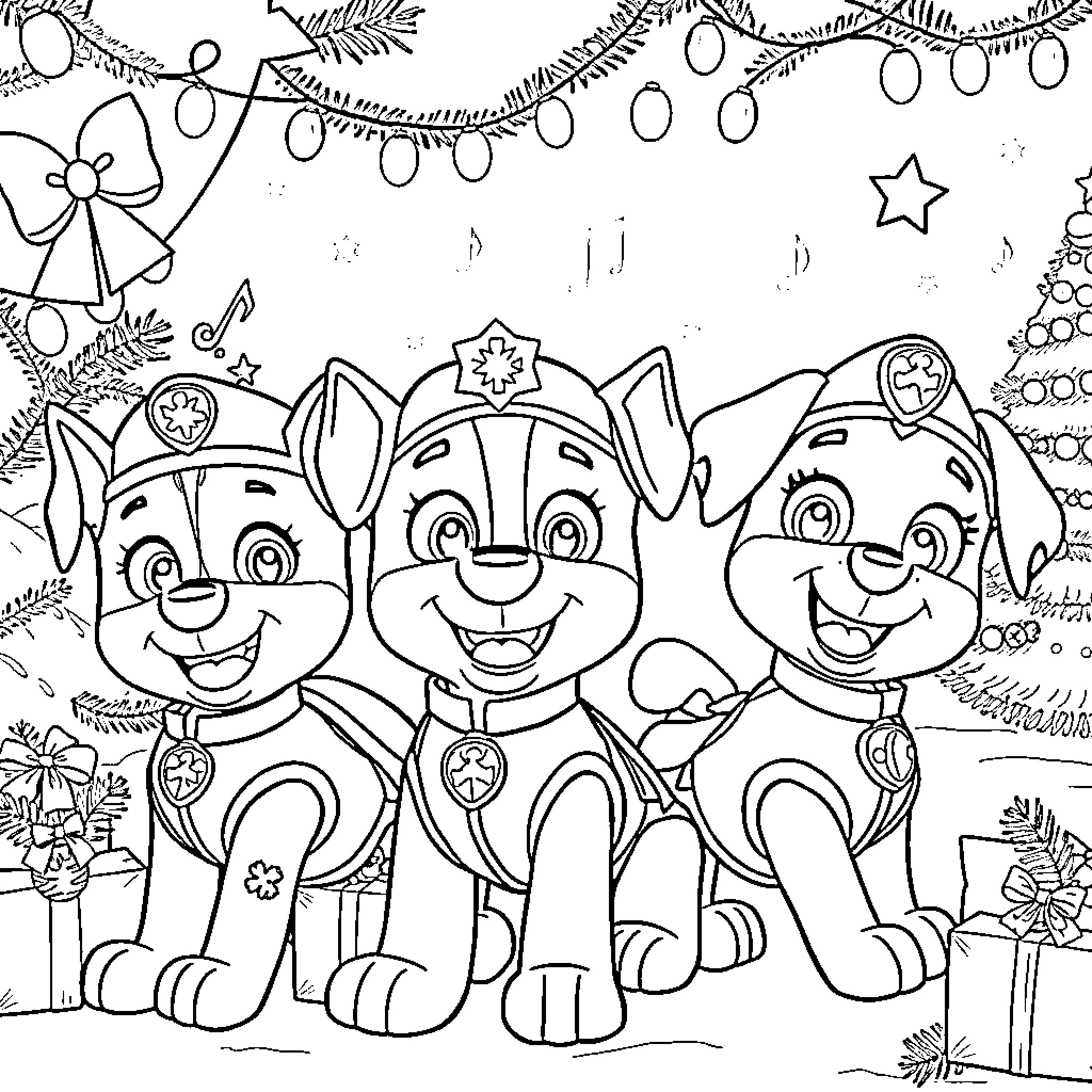 Paw Patrol Trio Celebrating the Holidays Coloring Page (free black-and-white line drawing printable PDF for all, from beginners to advanced learners, including children, teens, adults, and seniors)