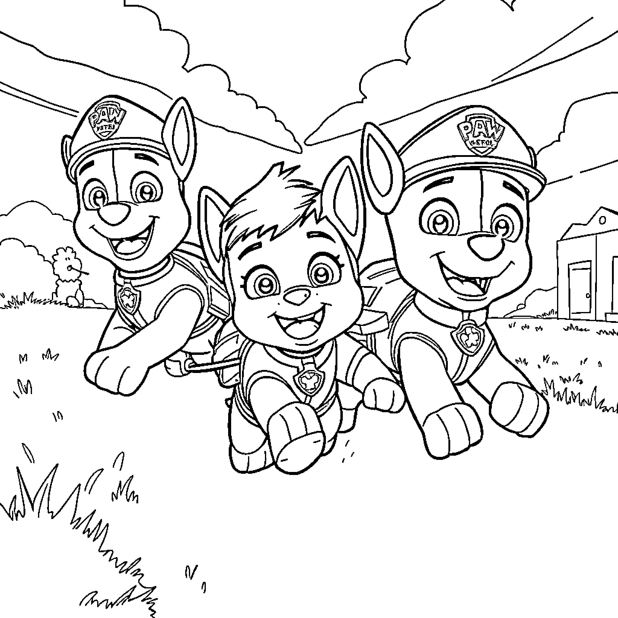 Paw Patrol pups on a mission in the field Coloring Page (free black-and-white line drawing printable PDF for all, from beginners to advanced learners, including children, teens, adults, and seniors)