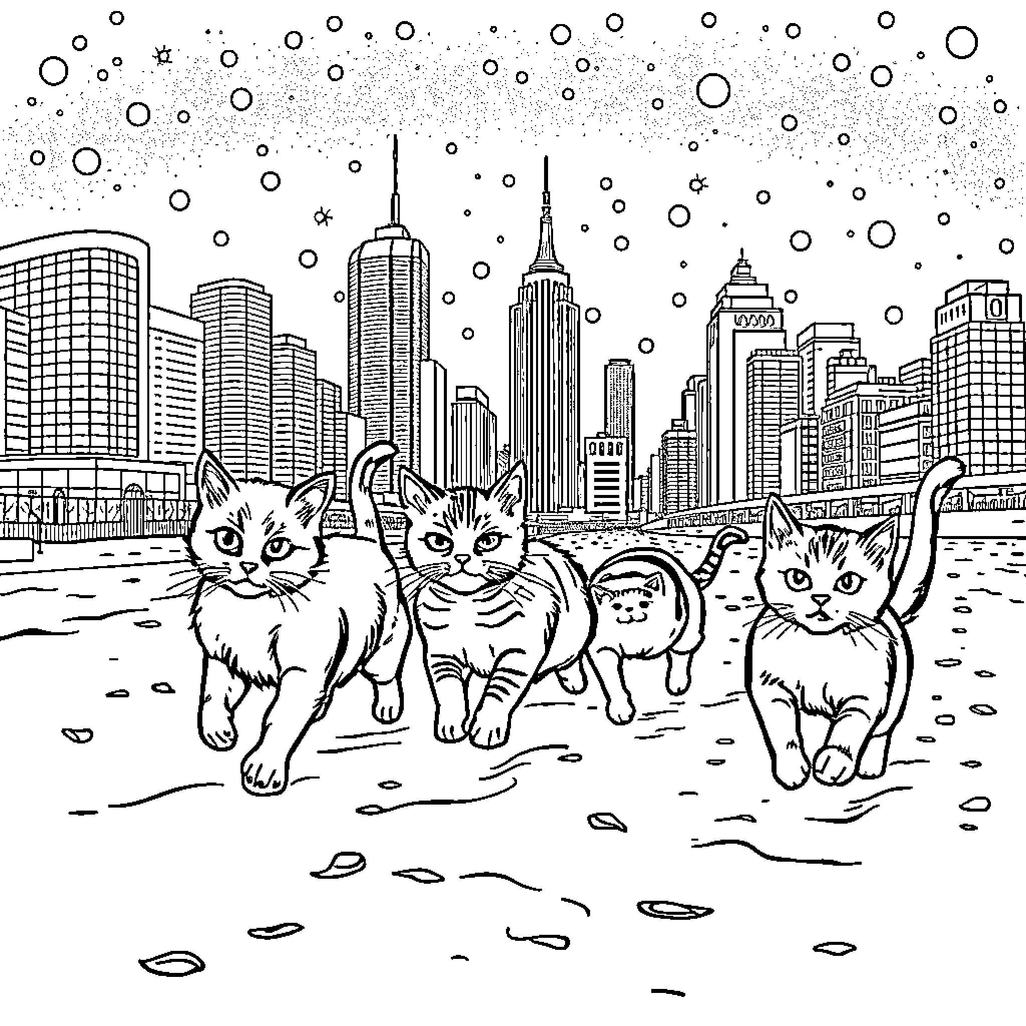 Cats exploring the city skyline Coloring Page (free black-and-white line drawing printable PDF for all, from beginners to advanced learners, including children, teens, adults, and seniors)