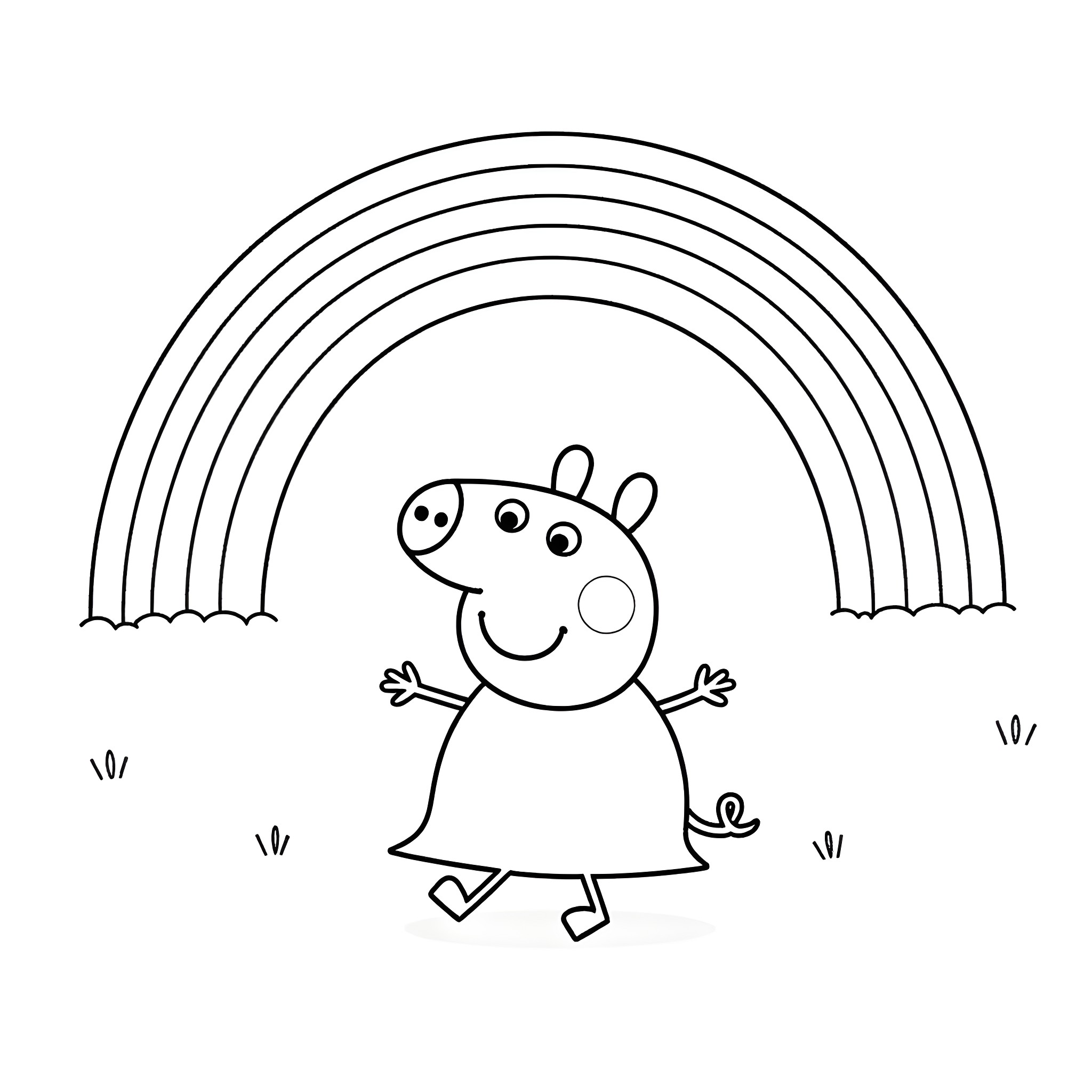 Peppa Pig dancing under a rainbow Coloring Page (free black-and-white line drawing printable PDF for all, from beginners to advanced learners, including children, teens, adults, and seniors)
