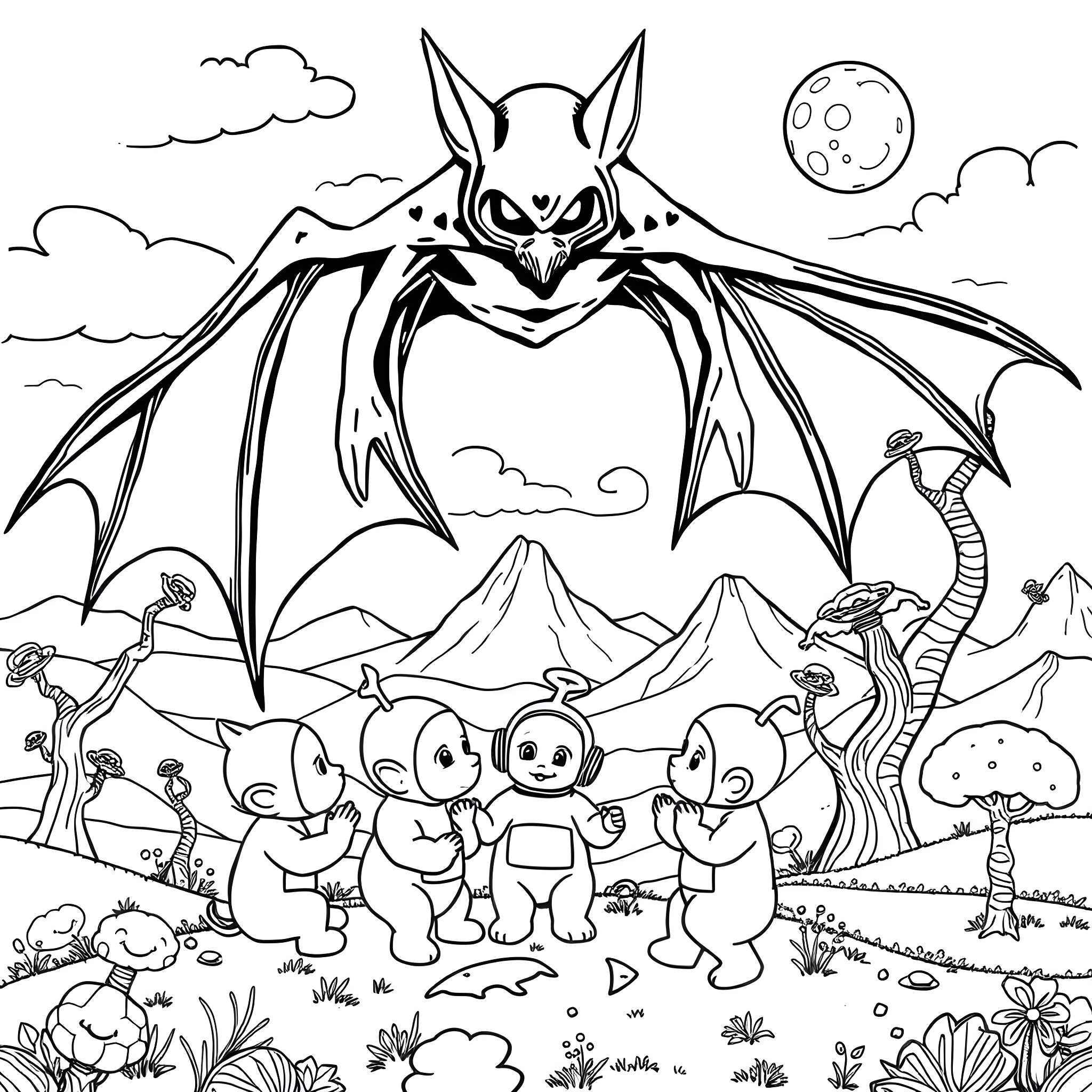 Bat-like creature and adorable creatures in a mystical landscape Coloring Page (free black-and-white line drawing printable PDF for all, from beginners to advanced learners, including children, teens, adults, and seniors)