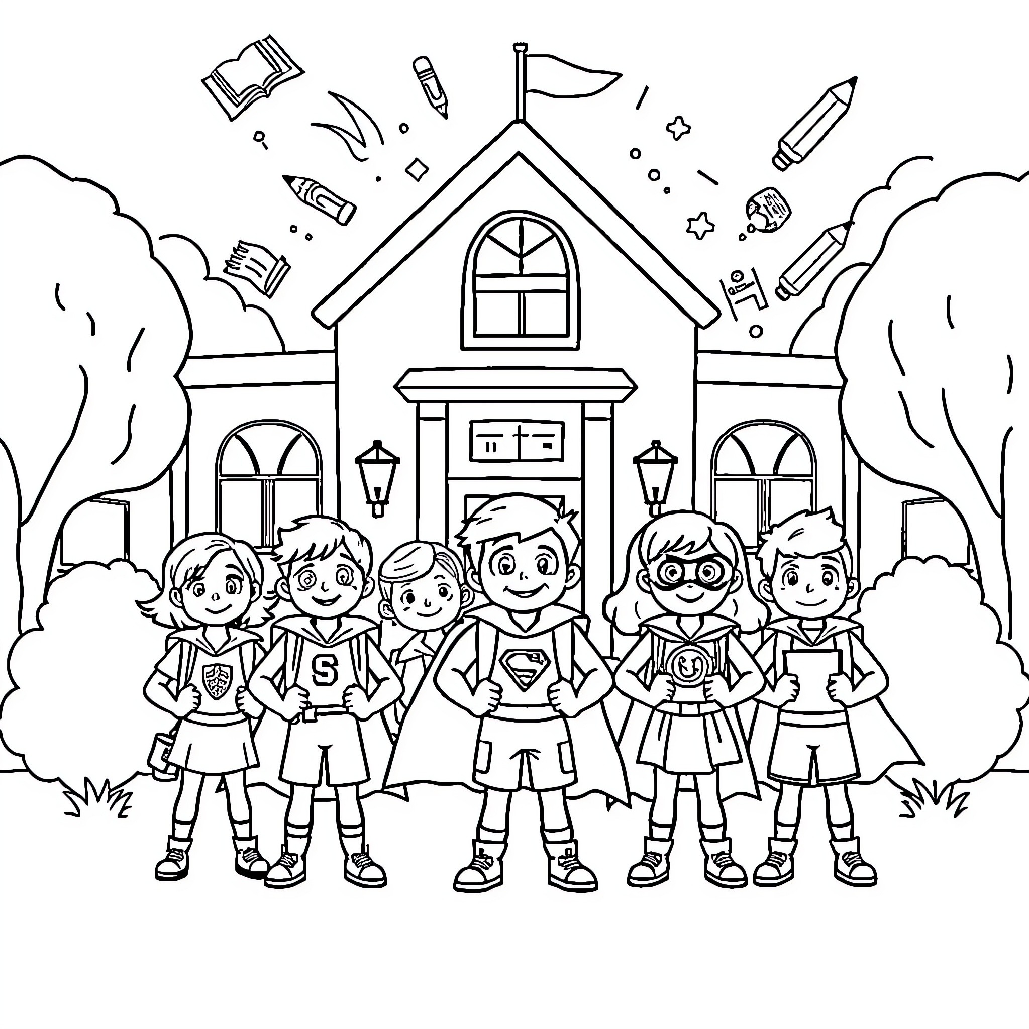 Superhero Students Gathered at School Coloring Page (free black-and-white line drawing printable PDF for all, from beginners to advanced learners, including children, teens, adults, and seniors)