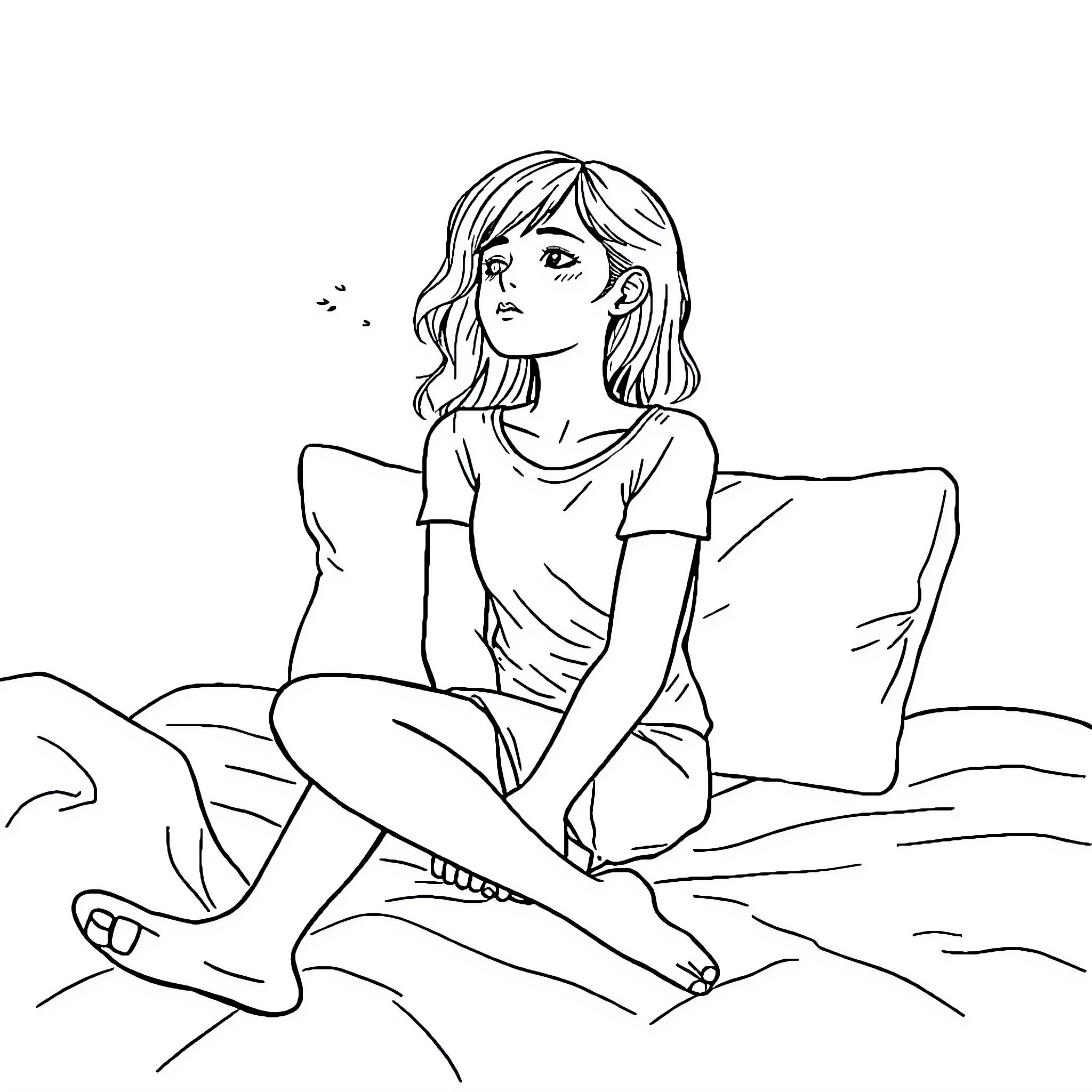 Girl lost in thought on the bed Coloring Page (free black-and-white line drawing printable PDF for all, from beginners to advanced learners, including children, teens, adults, and seniors)
