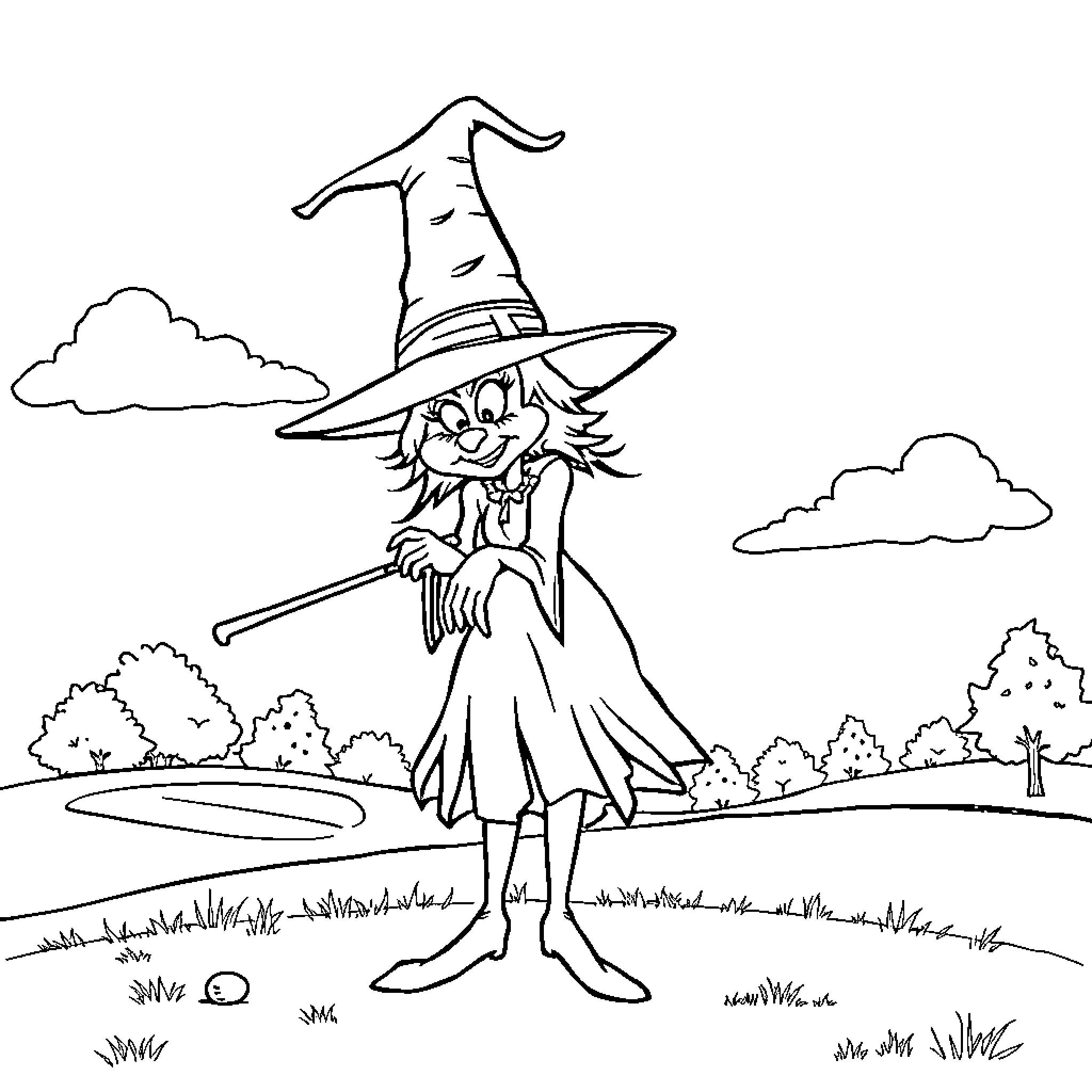 Witch casting a spell in a whimsical landscape Coloring Page (free black-and-white line drawing printable PDF for all, from beginners to advanced learners, including children, teens, adults, and seniors)