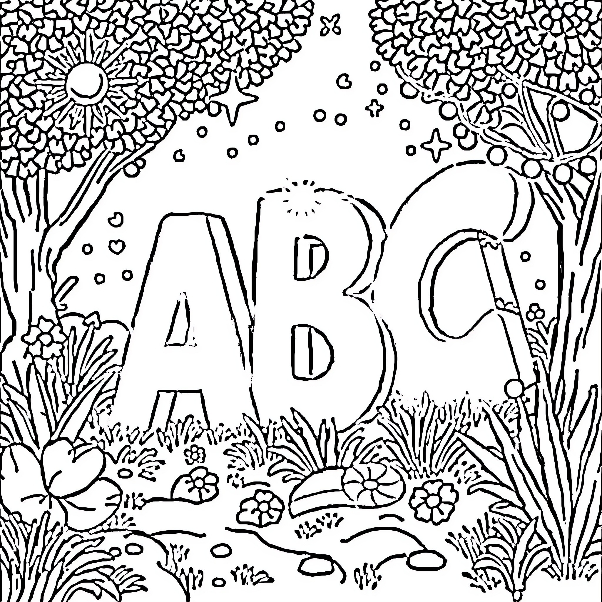 ABC Whimsical Nature Alphabet Coloring Page Coloring Page (free black-and-white line drawing printable PDF for all, from beginners to advanced learners, including children, teens, adults, and seniors)