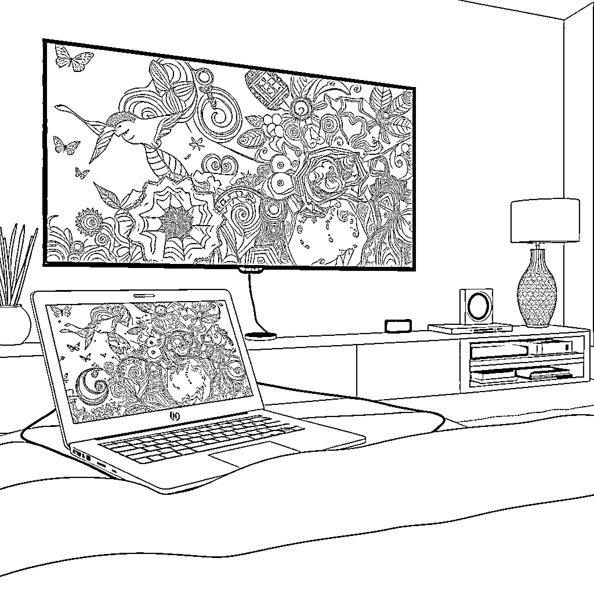 HP Chromebook with floral artwork on display Coloring Page (free black-and-white line drawing printable PDF for all, from beginners to advanced learners, including children, teens, adults, and seniors)