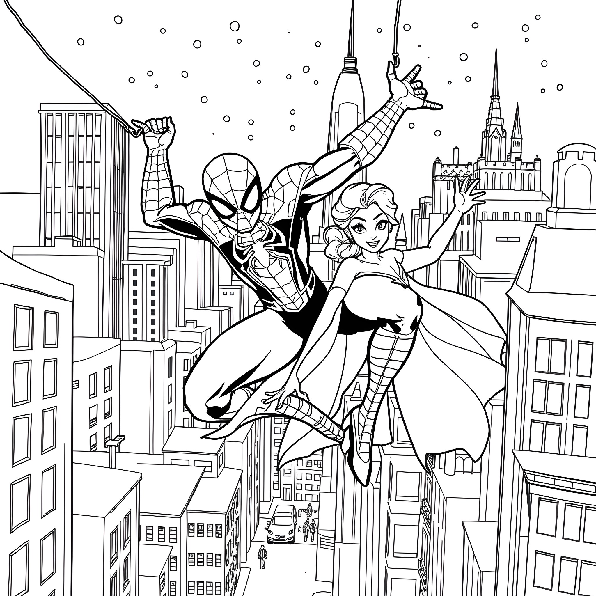 Spider-Man and Elsa swinging through the snowy New York City skyline Coloring Page (free black-and-white line drawing printable PDF for all, from beginners to advanced learners, including children, teens, adults, and seniors)
