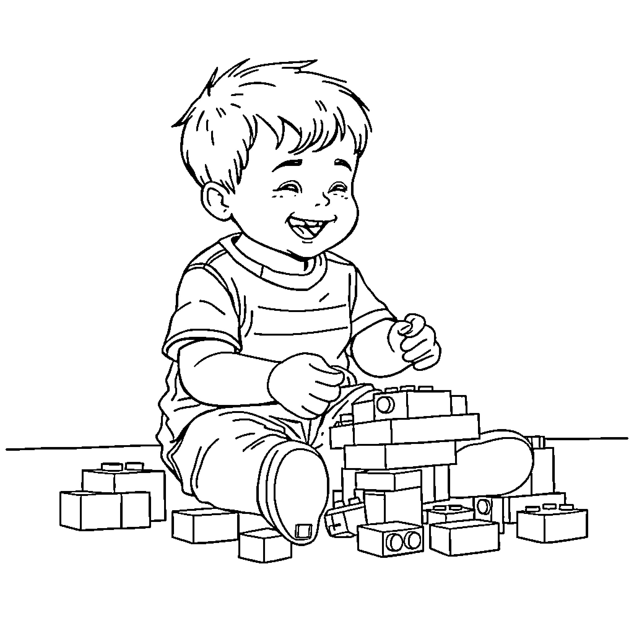 Boy playing happily with building blocks Coloring Page (free black-and-white line drawing printable PDF for all, from beginners to advanced learners, including children, teens, adults, and seniors)