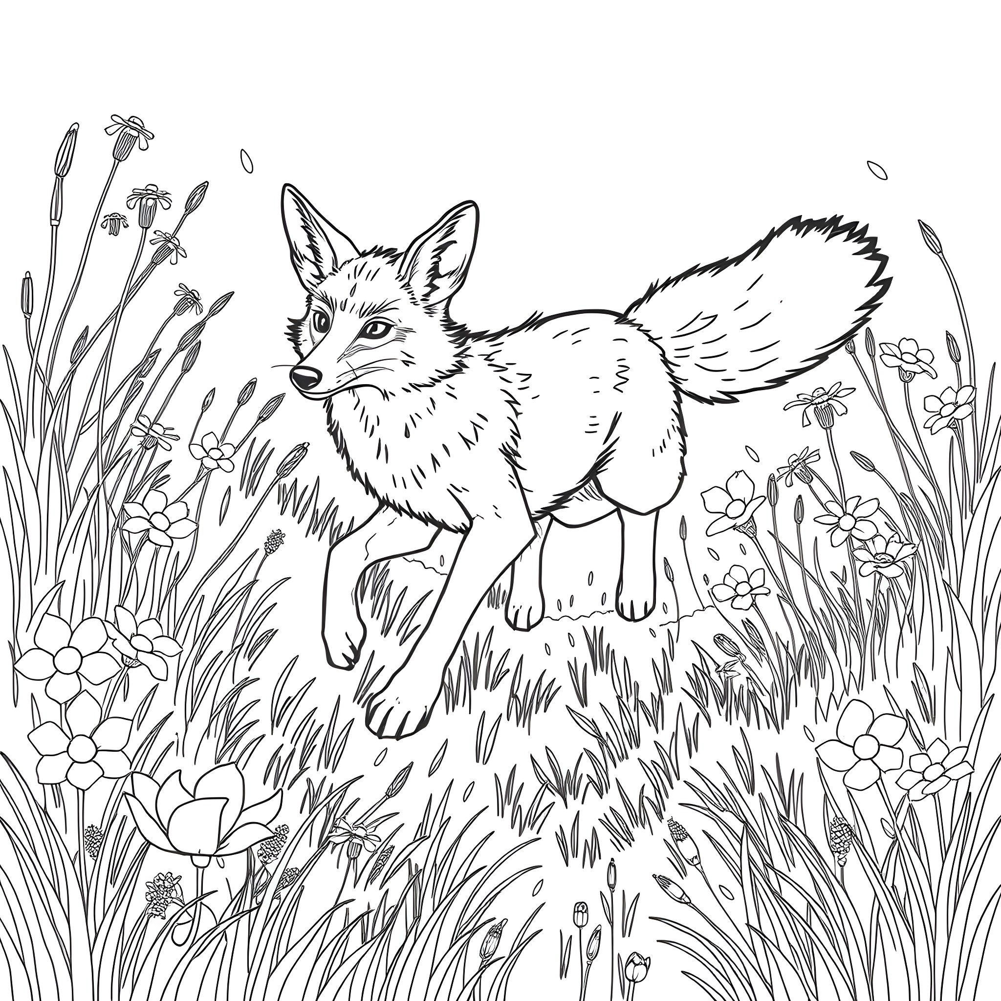 Coyote in a Lush Nature Scene Coloring Page (free black-and-white line drawing printable PDF for all, from beginners to advanced learners, including children, teens, adults, and seniors)