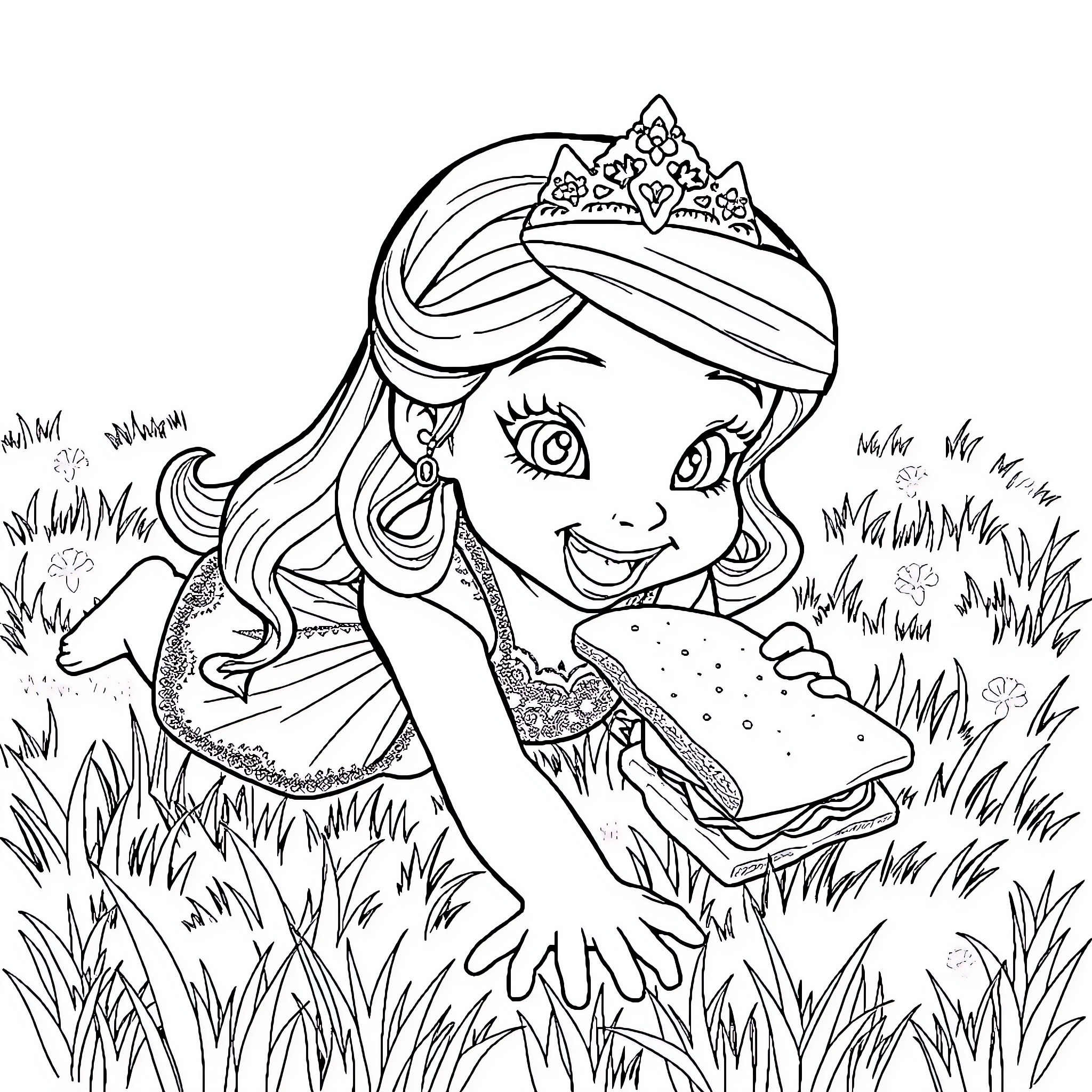 Princess Exploring the Enchanted Forest Coloring Page (free black-and-white line drawing printable PDF for all, from beginners to advanced learners, including children, teens, adults, and seniors)