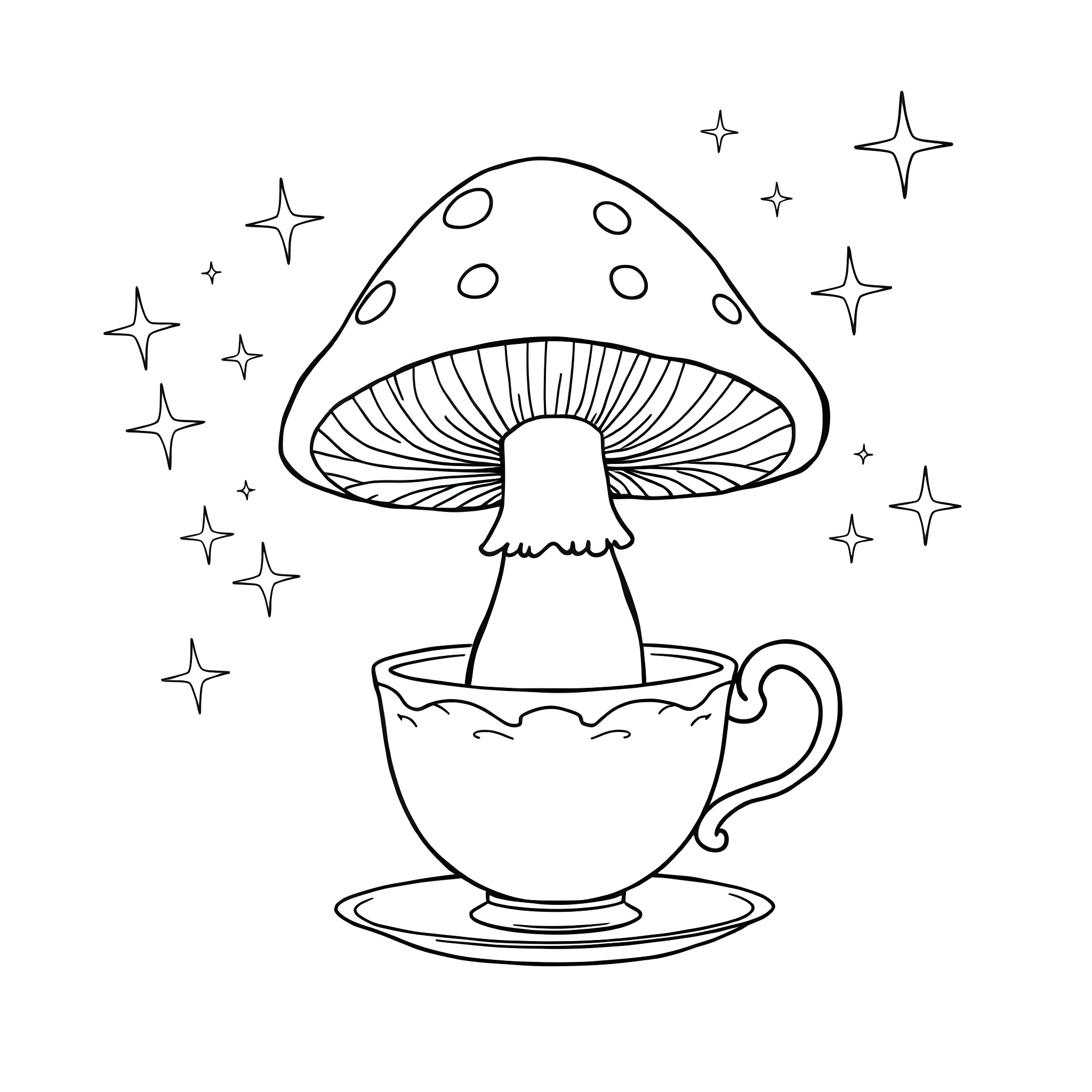 Mushroom growing in a magical teacup Coloring Page (free black-and-white line drawing printable PDF for all, from beginners to advanced learners, including children, teens, adults, and seniors)