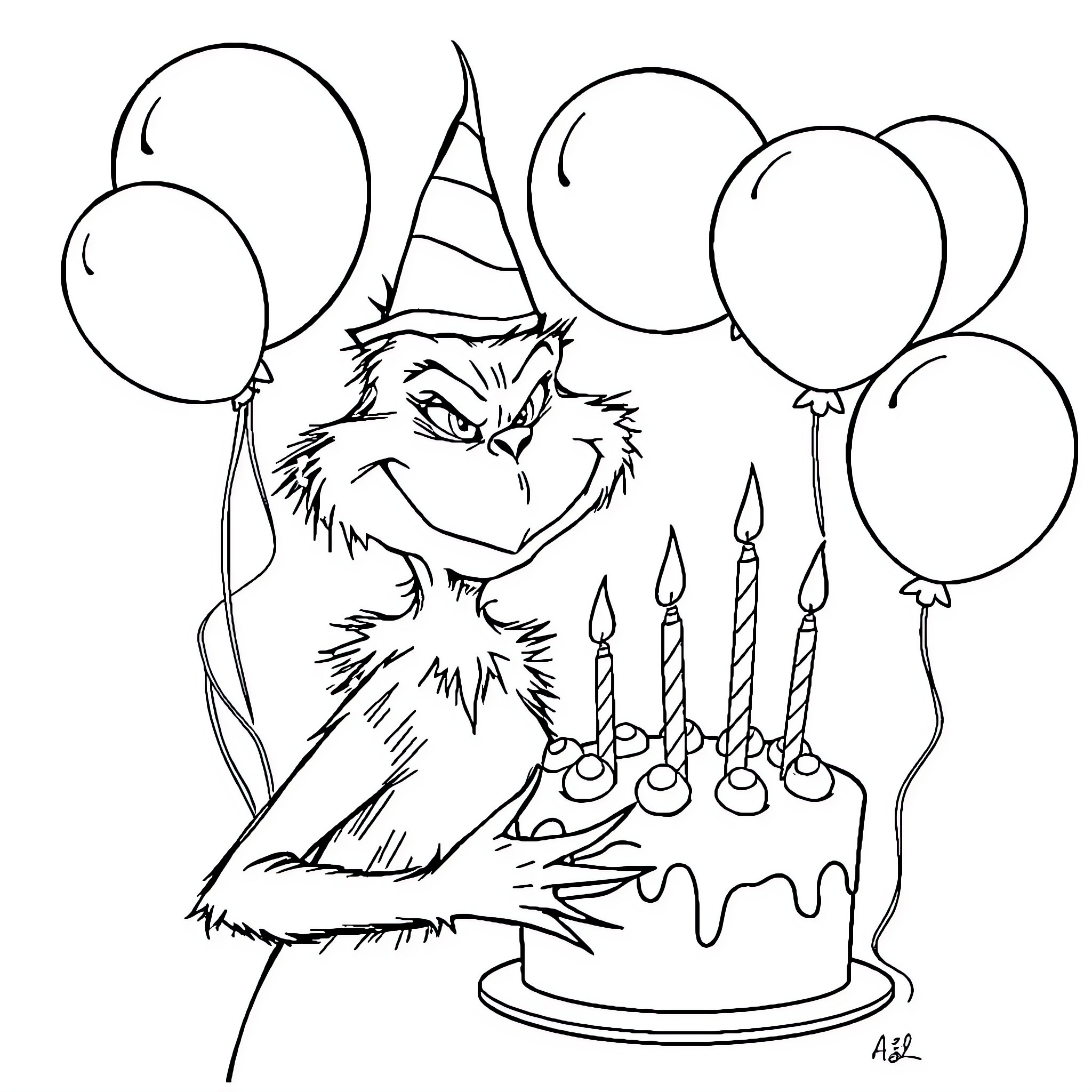 Grinch celebrating birthday with cake and balloons Coloring Page (free black-and-white line drawing printable PDF for all, from beginners to advanced learners, including children, teens, adults, and seniors)