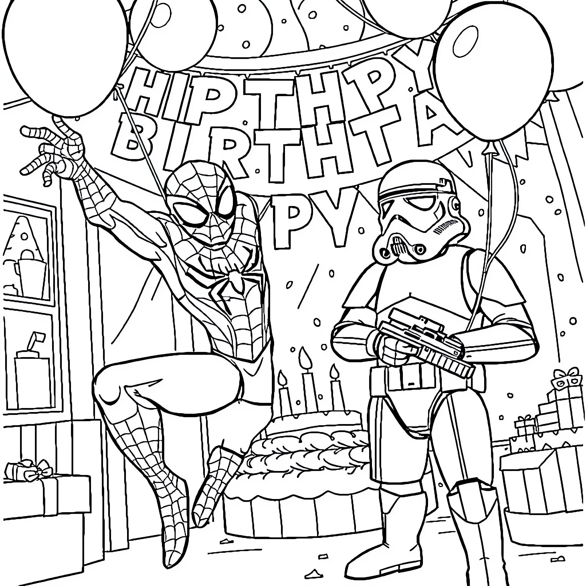 Spider-Man celebrates happy birthday with Stormtrooper Coloring Page (free black-and-white line drawing printable PDF for all, from beginners to advanced learners, including children, teens, adults, and seniors)