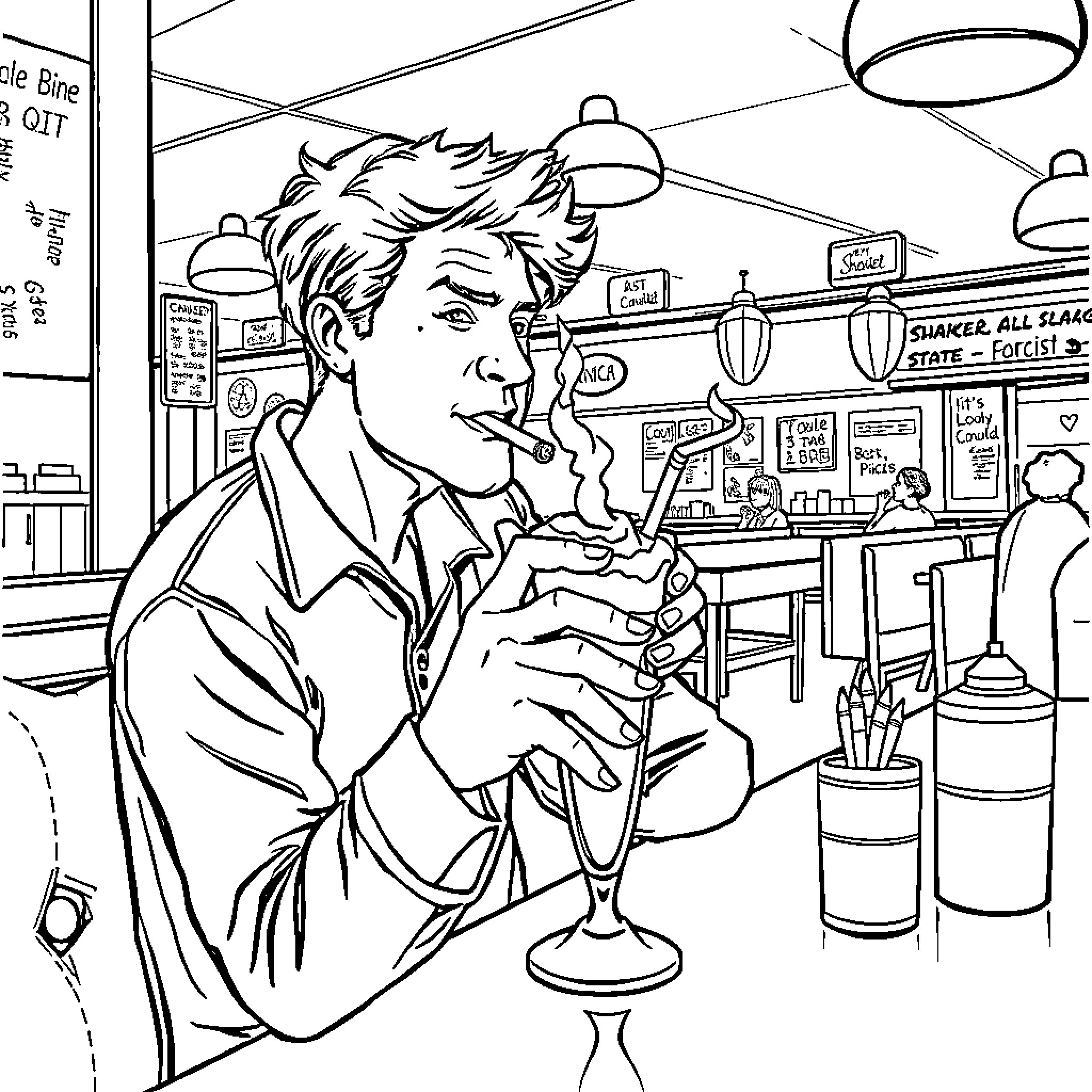 Diner patron enjoying a milkshake at the counter Coloring Page (free black-and-white line drawing printable PDF for all, from beginners to advanced learners, including children, teens, adults, and seniors)
