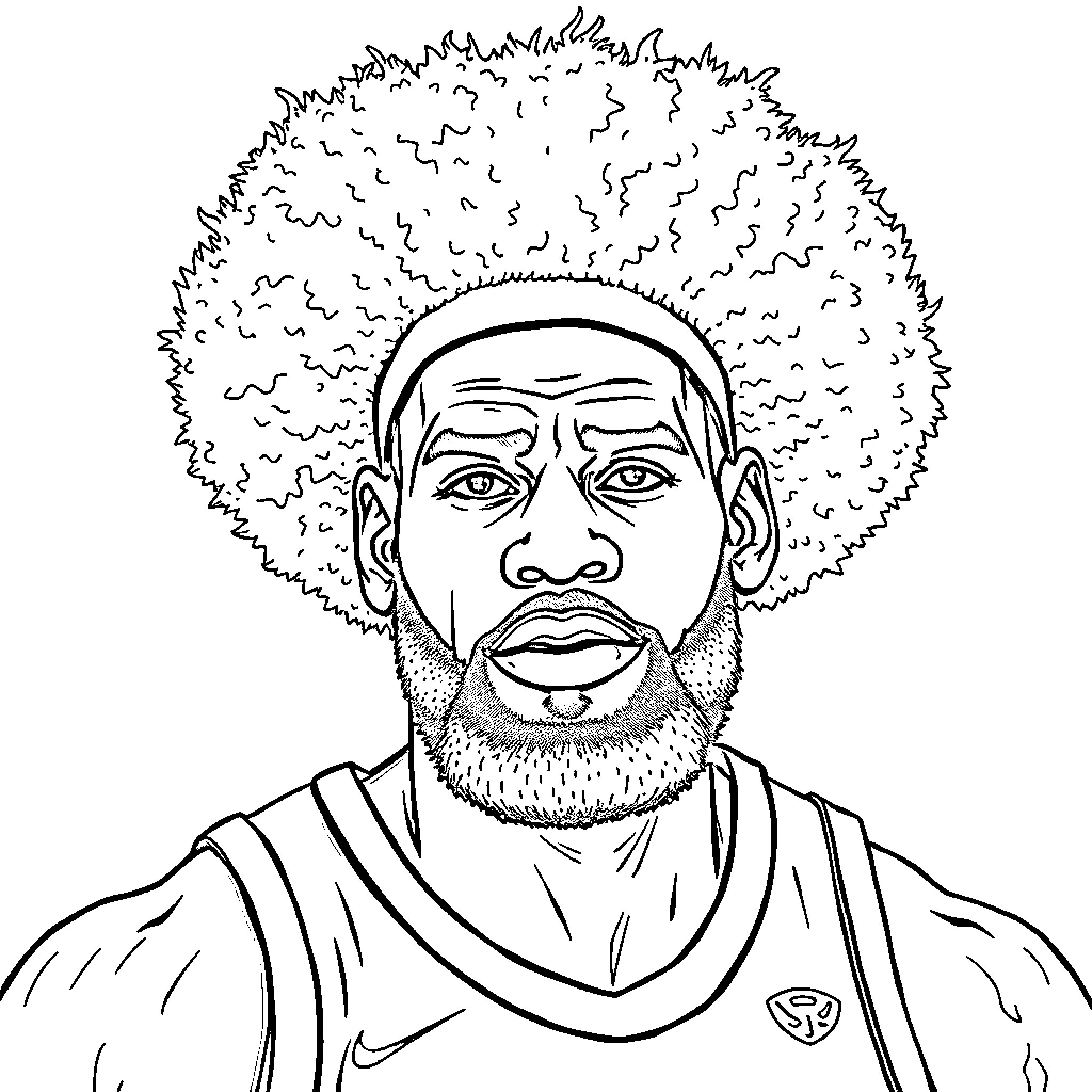 LeBron James in thoughtful expression with curly hair Coloring Page (free black-and-white line drawing printable PDF for all, from beginners to advanced learners, including children, teens, adults, and seniors)