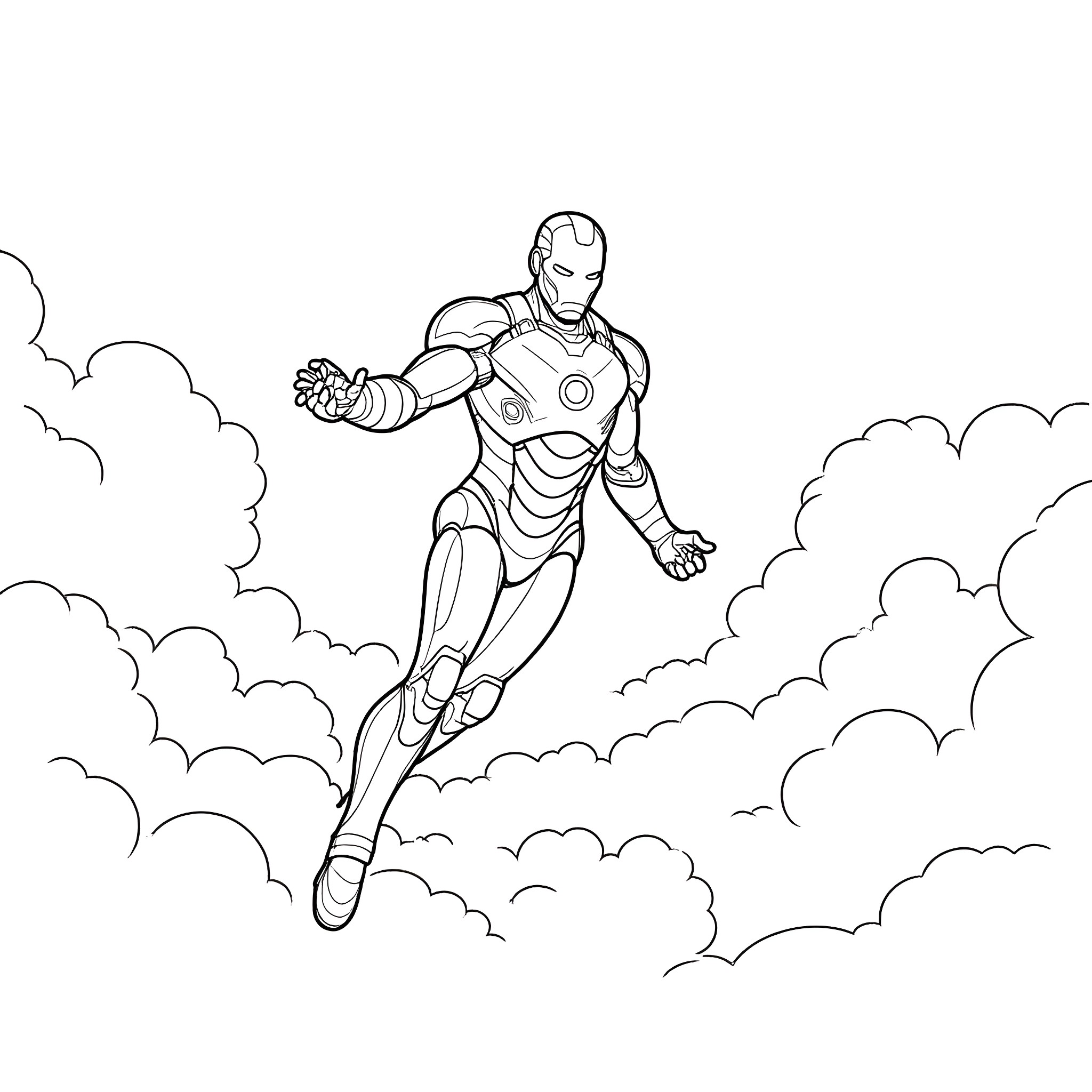 Iron Man soaring through the clouds Coloring Page (free black-and-white line drawing printable PDF for all, from beginners to advanced learners, including children, teens, adults, and seniors)