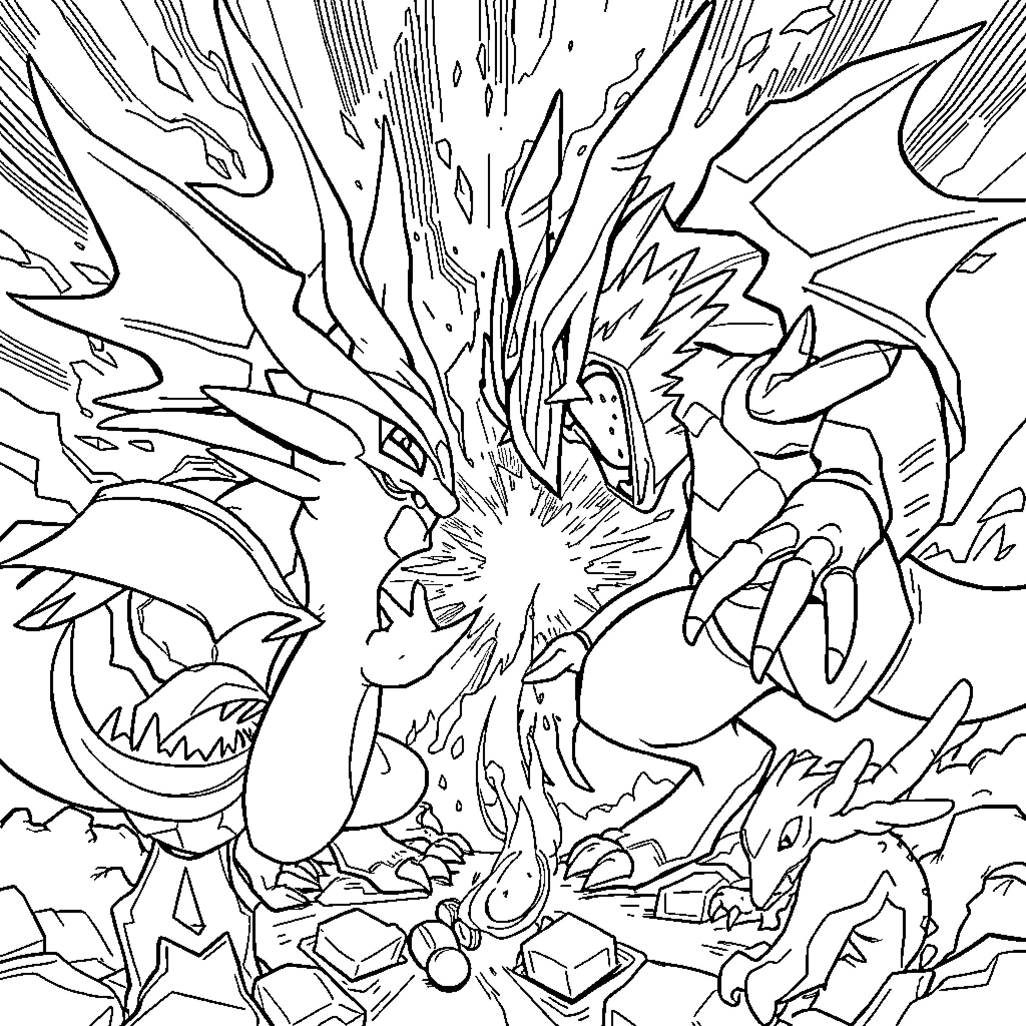 Pokémon characters in fierce battle scene Coloring Page (free black-and-white line drawing printable PDF for all, from beginners to advanced learners, including children, teens, adults, and seniors)