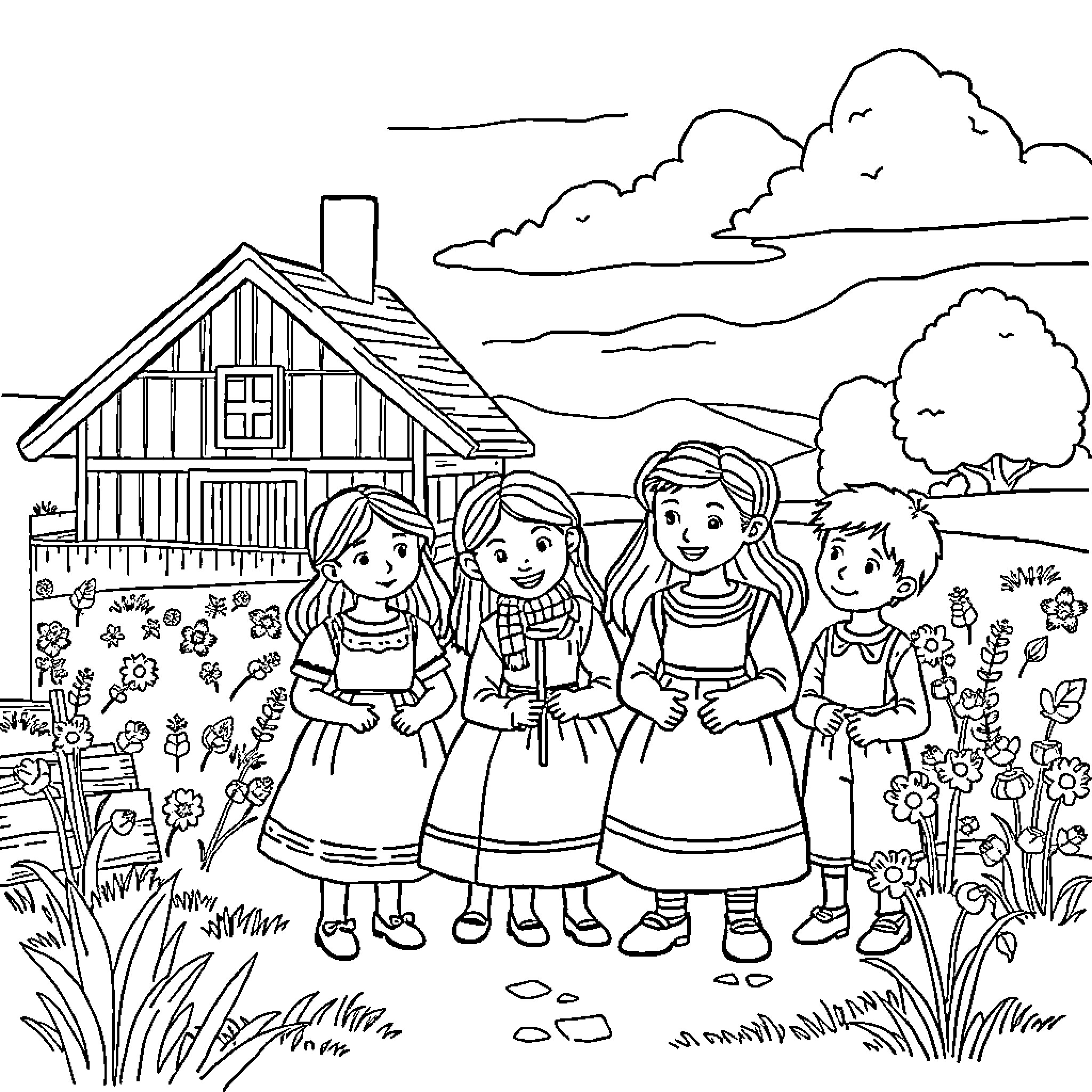 House with kids playing in the garden Coloring Page (free black-and-white line drawing printable PDF for all, from beginners to advanced learners, including children, teens, adults, and seniors)