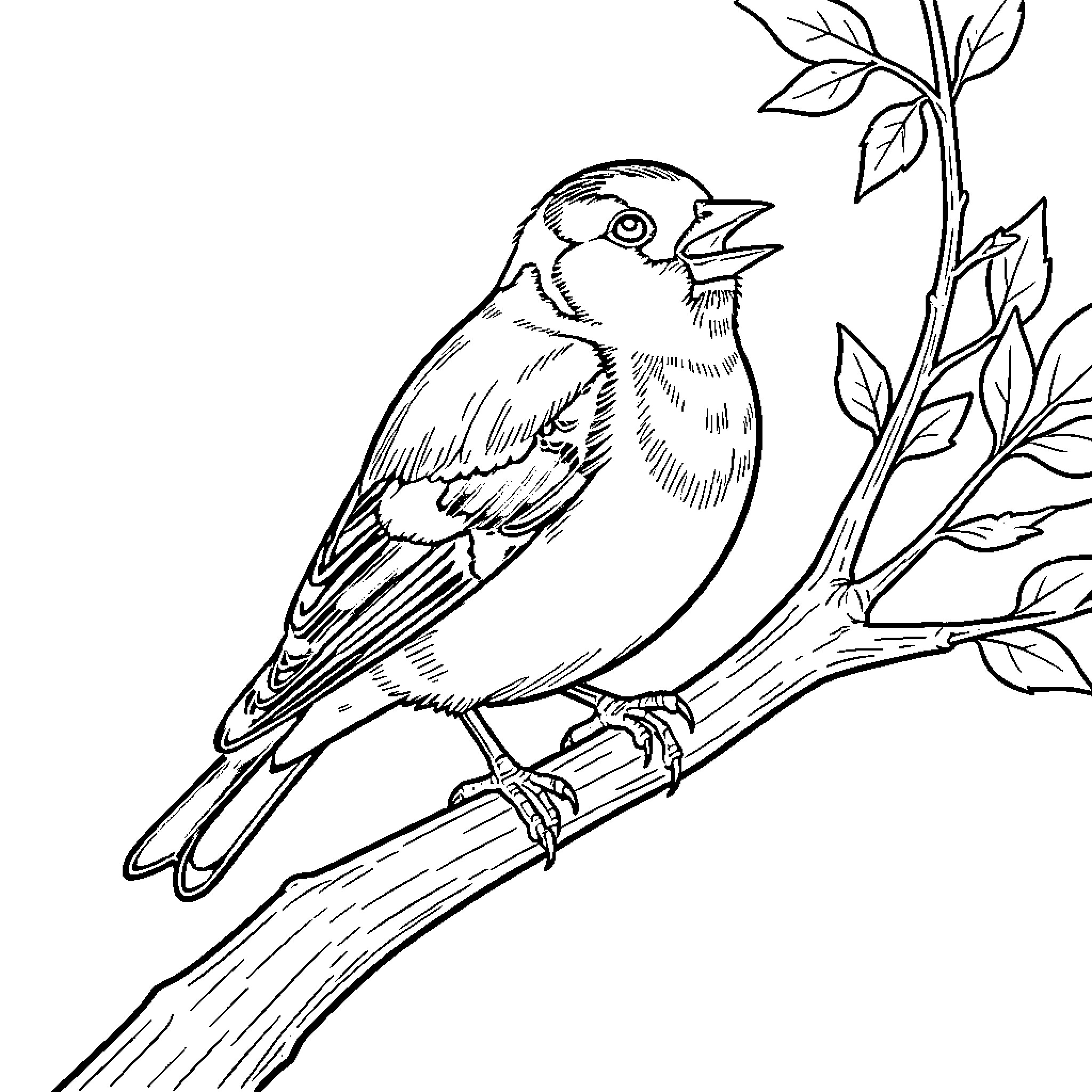 Goldfinch perched on a branch singing loudly Coloring Page (free black-and-white line drawing printable PDF for all, from beginners to advanced learners, including children, teens, adults, and seniors)