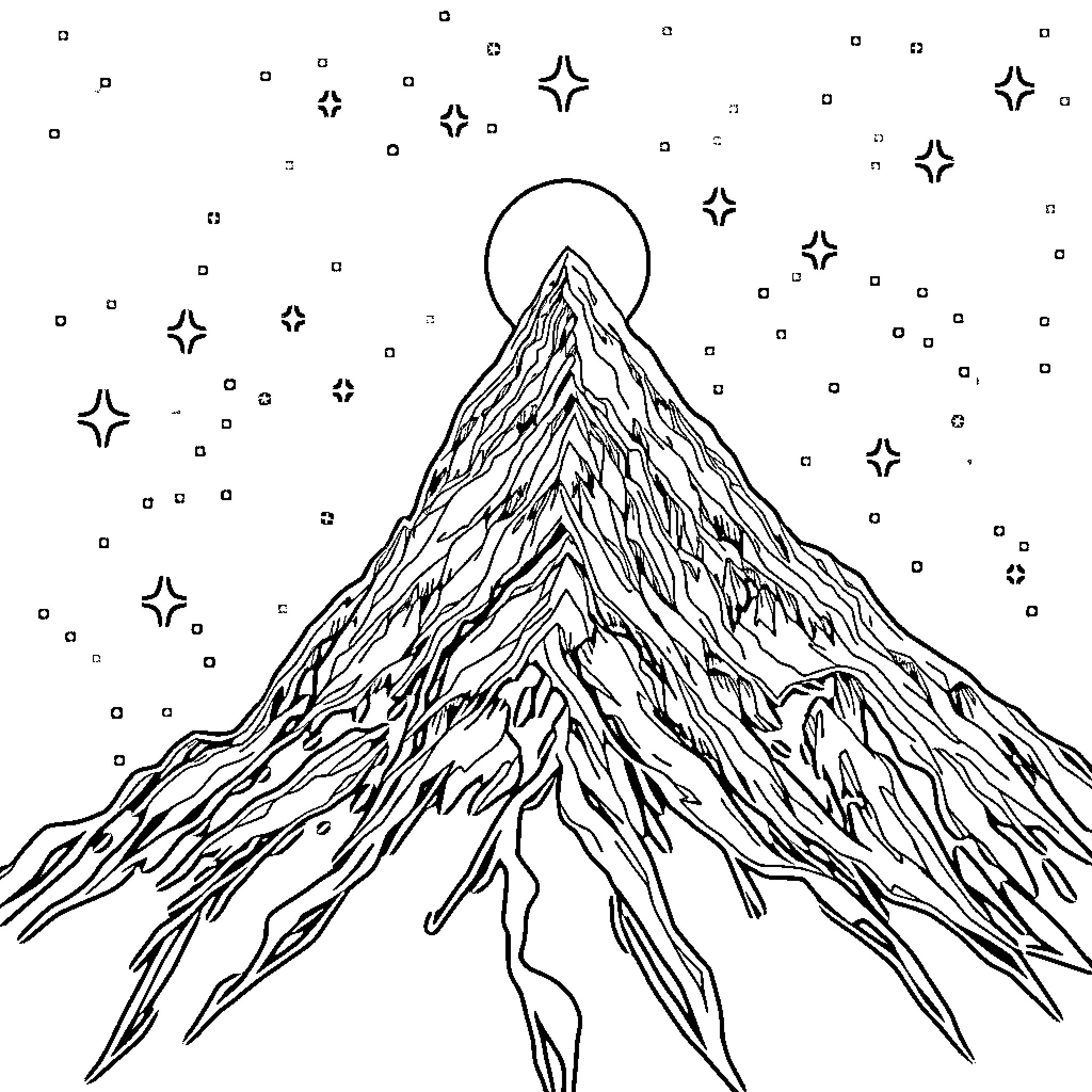 Mountain peaks under the starry night sky Coloring Page (free black-and-white line drawing printable PDF for all, from beginners to advanced learners, including children, teens, adults, and seniors)