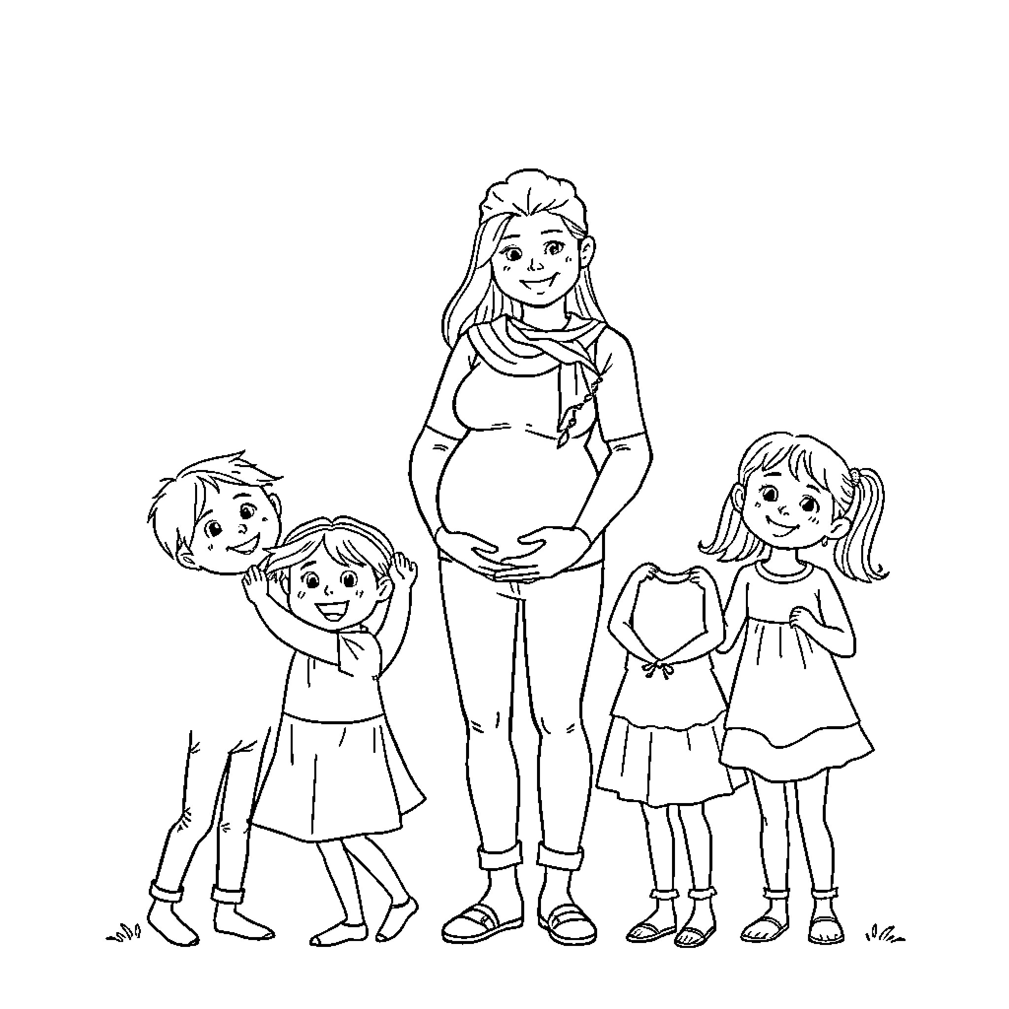 Family Enjoying Time Together Coloring Page (free black-and-white line drawing printable PDF for all, from beginners to advanced learners, including children, teens, adults, and seniors)
