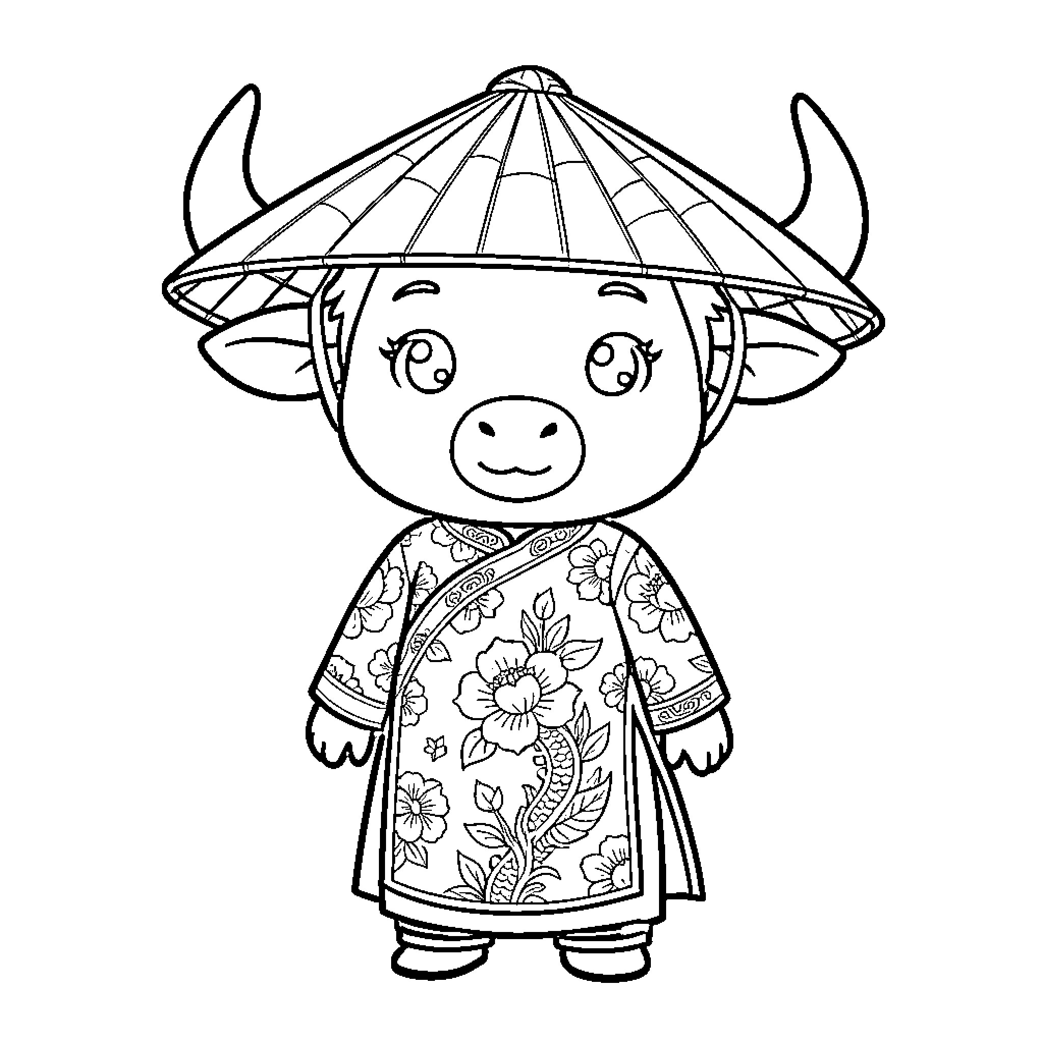 Buffalo character in traditional Asian outfit Coloring Page (free black-and-white line drawing printable PDF for all, from beginners to advanced learners, including children, teens, adults, and seniors)
