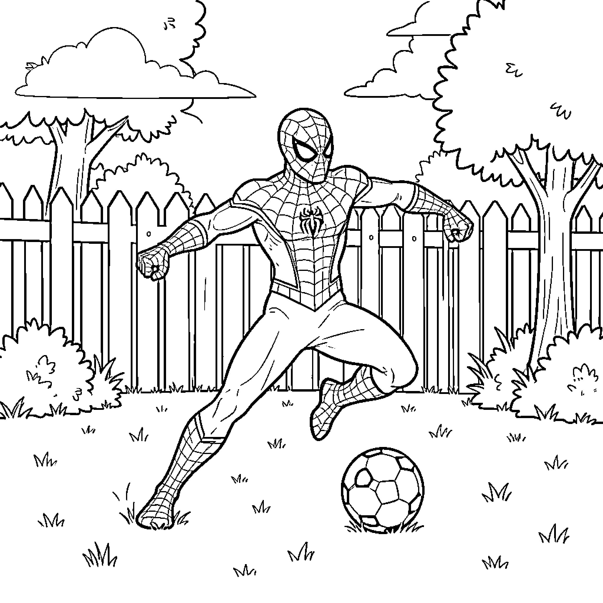 Spiderman playing soccer in a backyard garden Coloring Page (free black-and-white line drawing printable PDF for all, from beginners to advanced learners, including children, teens, adults, and seniors)