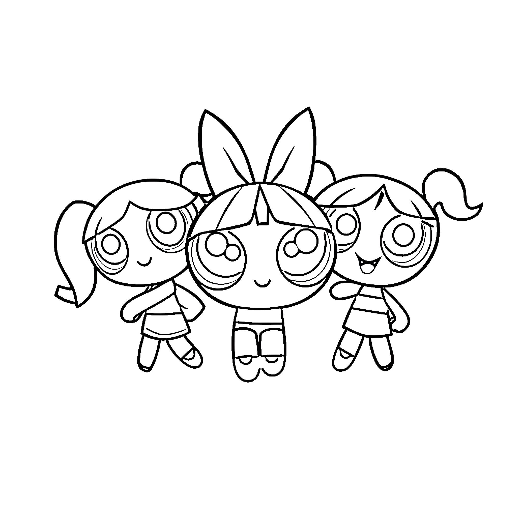 Powerpuff Girls playing together happily Coloring Page (free black-and-white line drawing printable PDF for all, from beginners to advanced learners, including children, teens, adults, and seniors)