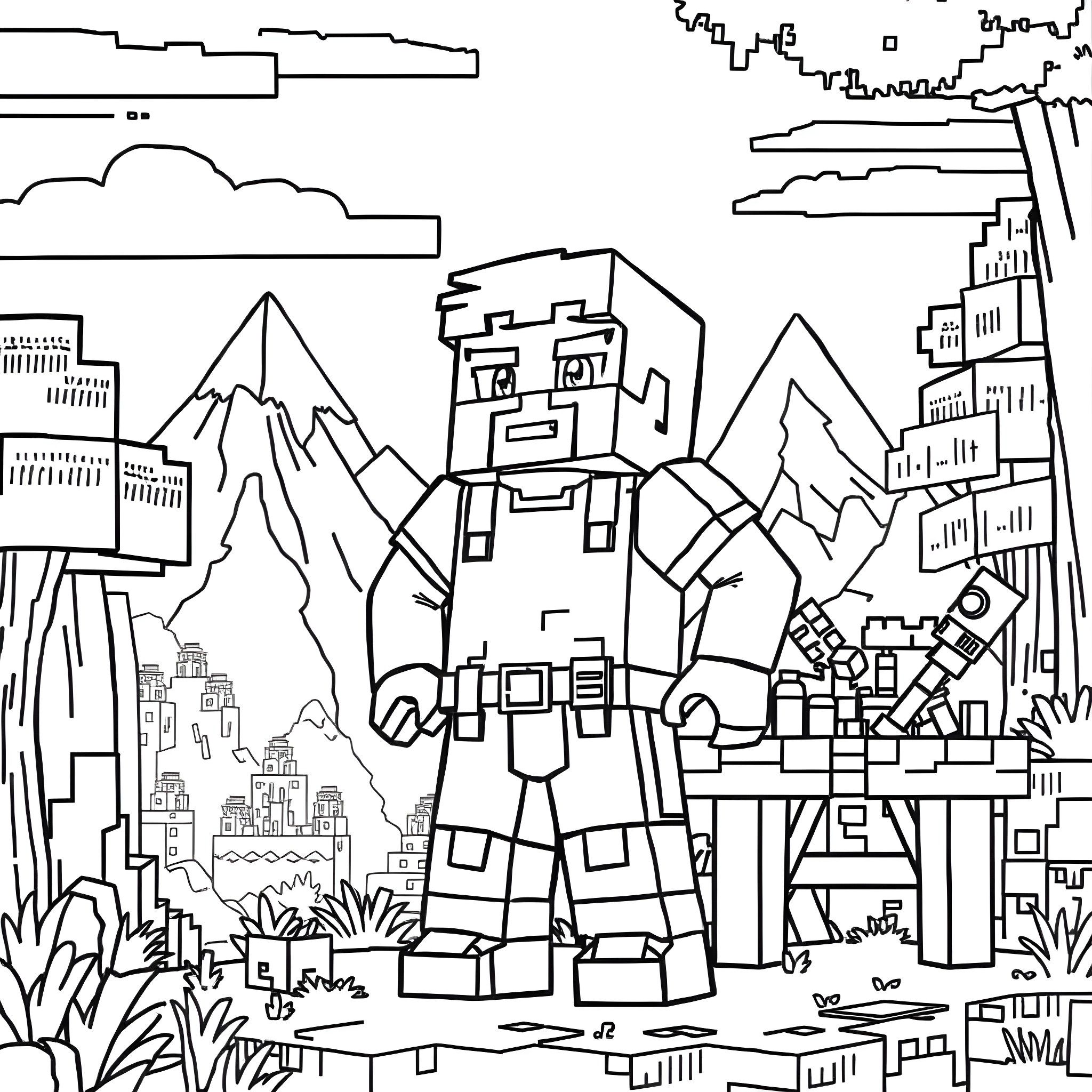 Steve exploring the blocky landscape Coloring Page (free black-and-white line drawing printable PDF for all, from beginners to advanced learners, including children, teens, adults, and seniors)