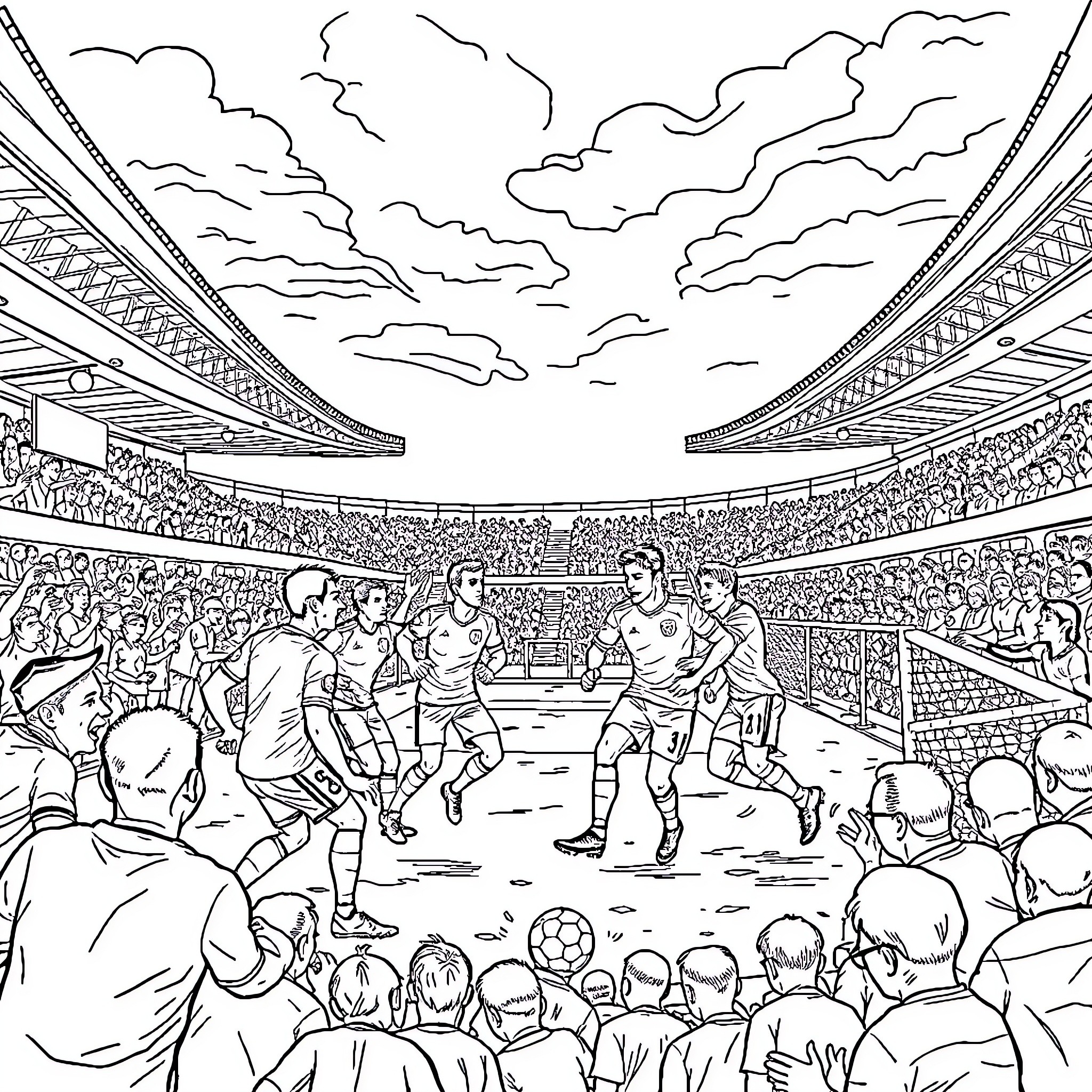 Benfica soccer players competing in a match Coloring Page (free black-and-white line drawing printable PDF for all, from beginners to advanced learners, including children, teens, adults, and seniors)