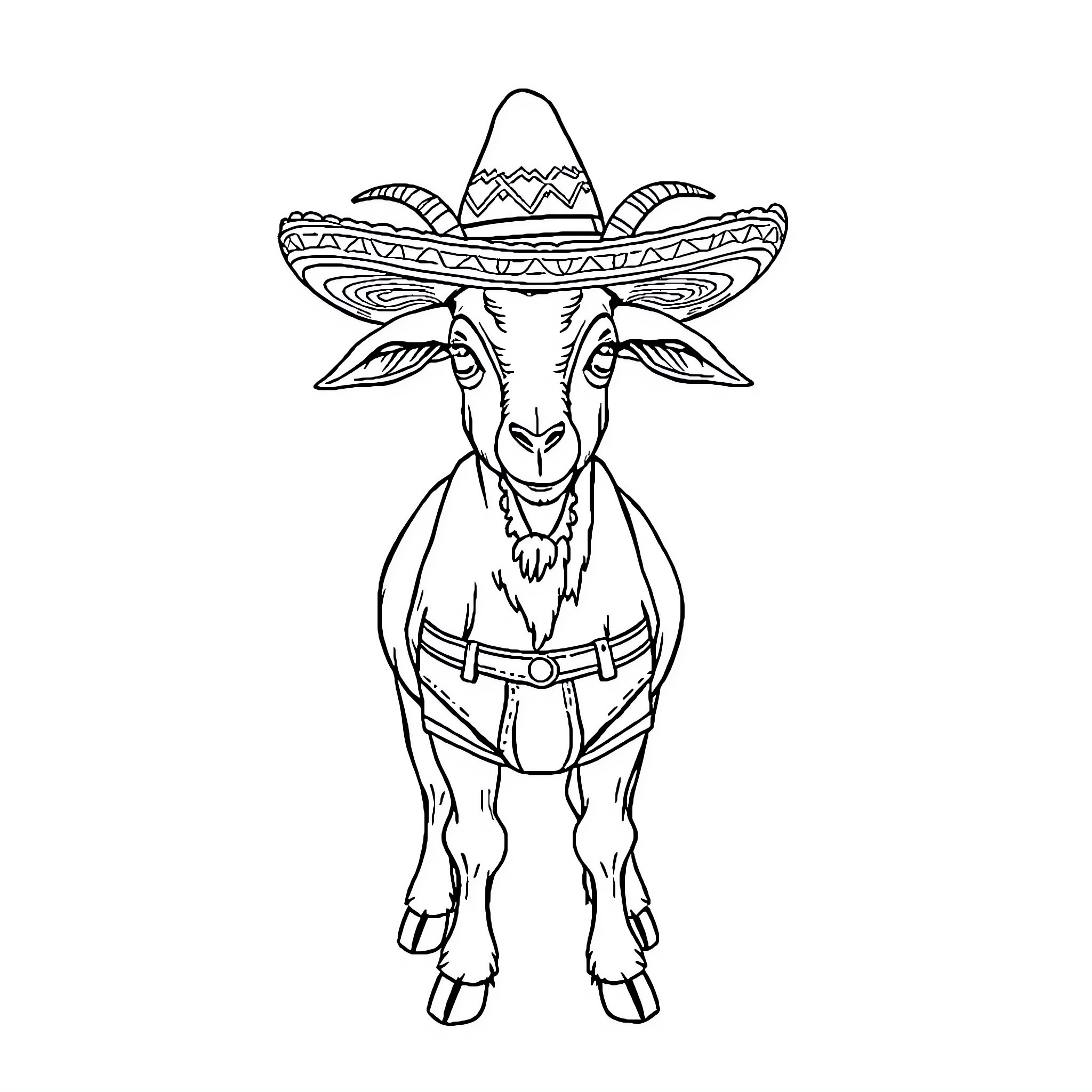Goat wearing a sombrero and standing upright Coloring Page (free black-and-white line drawing printable PDF for all, from beginners to advanced learners, including children, teens, adults, and seniors)