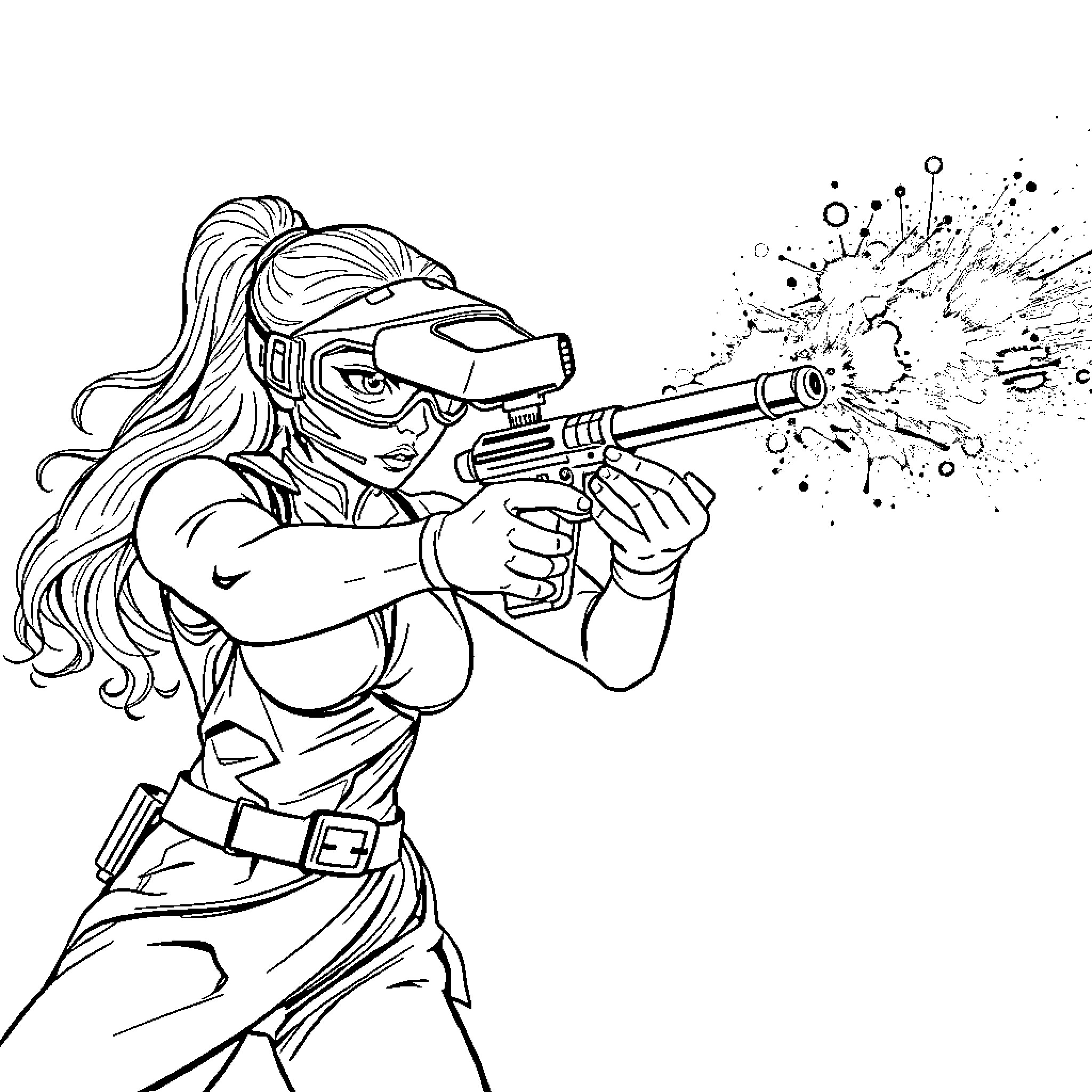 Artemis in Battle Gear Firing Weapon Coloring Page (free black-and-white line drawing printable PDF for all, from beginners to advanced learners, including children, teens, adults, and seniors)