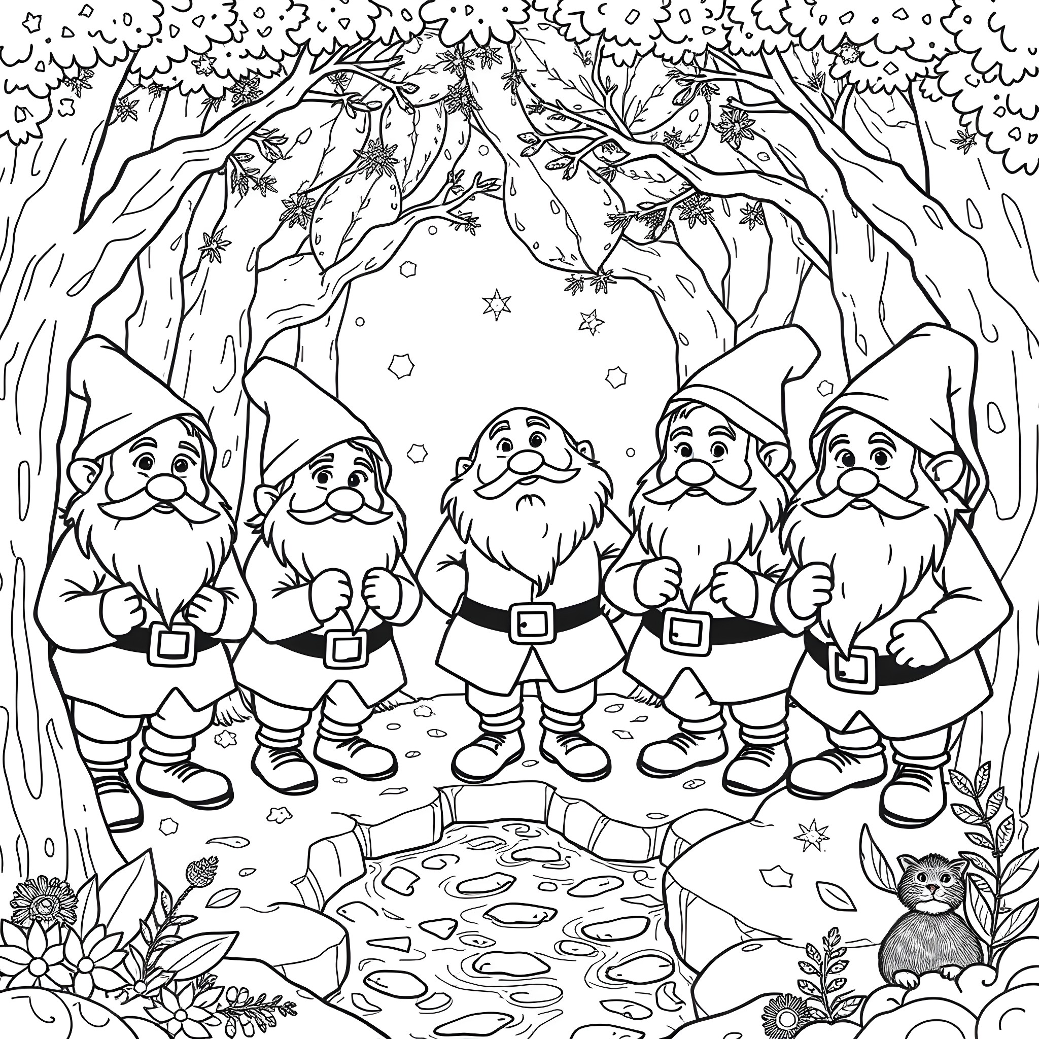 Dwarf friends gathering in enchanted forest Coloring Page (free black-and-white line drawing printable PDF for all, from beginners to advanced learners, including children, teens, adults, and seniors)