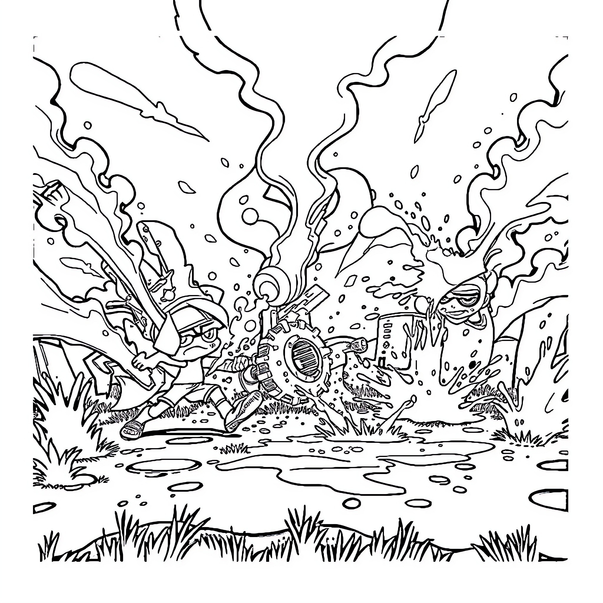 Splatoon Characters in Chaotic Ink Explosion Coloring Page (free black-and-white line drawing printable PDF for all, from beginners to advanced learners, including children, teens, adults, and seniors)