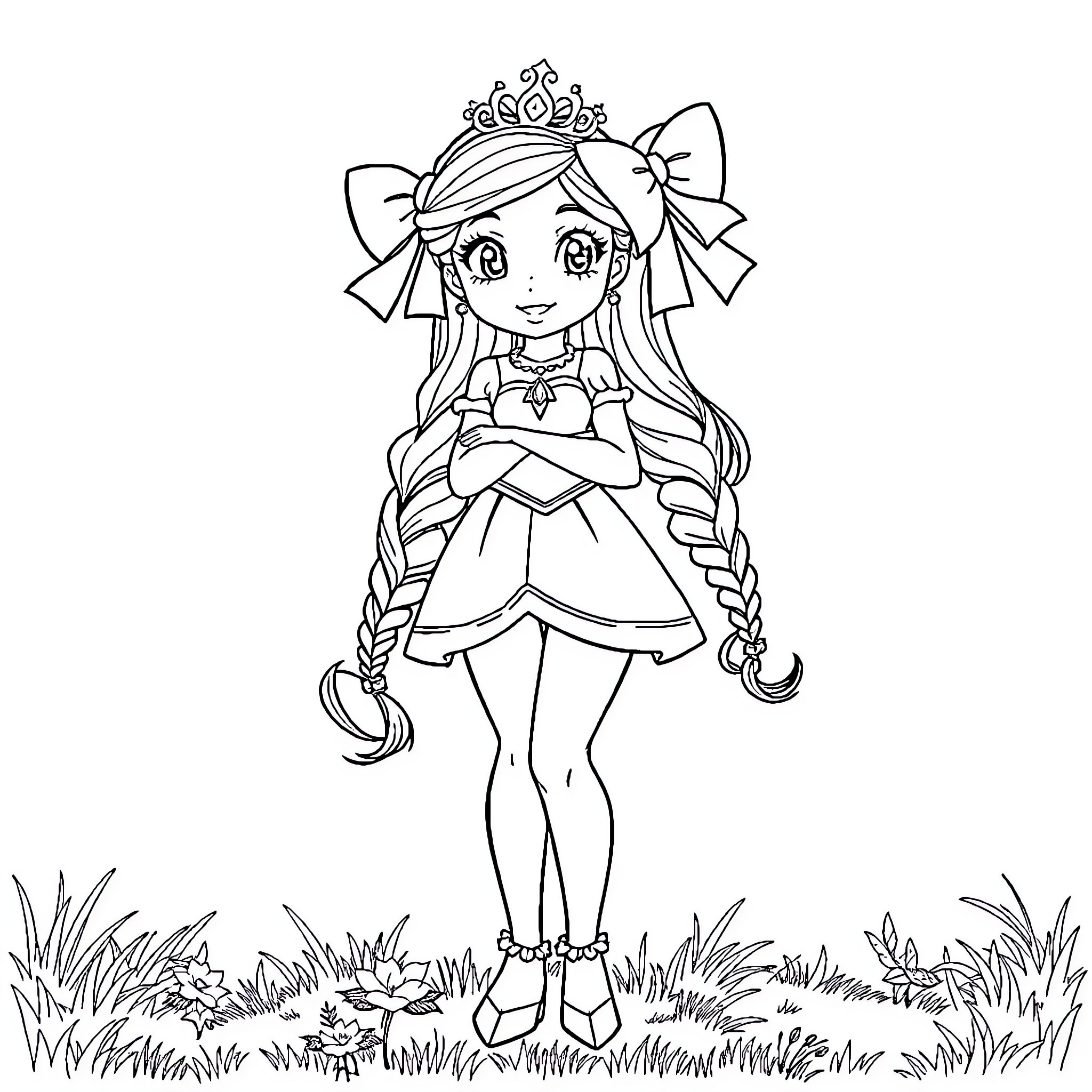Princess in a Whimsical Dress and Tiara Coloring Page (free black-and-white line drawing printable PDF for all, from beginners to advanced learners, including children, teens, adults, and seniors)