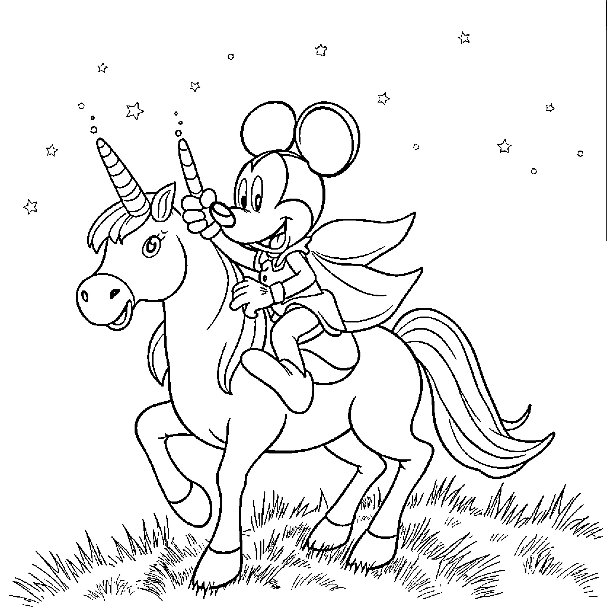 Mickey Riding a Magical Unicorn Coloring Page (free black-and-white line drawing printable PDF for all, from beginners to advanced learners, including children, teens, adults, and seniors)