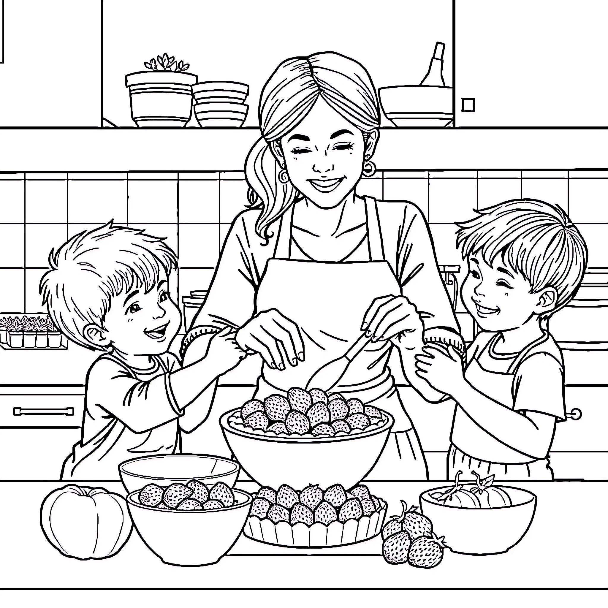 Mother preparing meal with children in kitchen Coloring Page (free black-and-white line drawing printable PDF for all, from beginners to advanced learners, including children, teens, adults, and seniors)